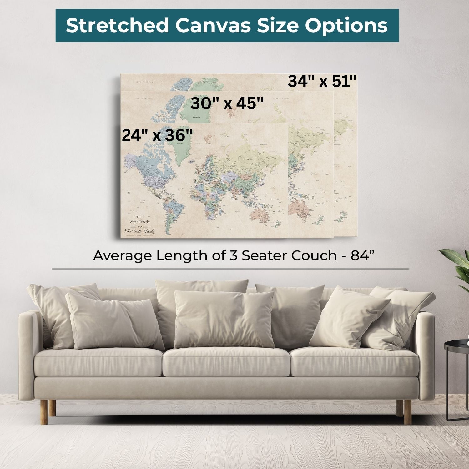 Sandy Dreams world travel map canvas displayed in three sizes above modern beige living room sofa