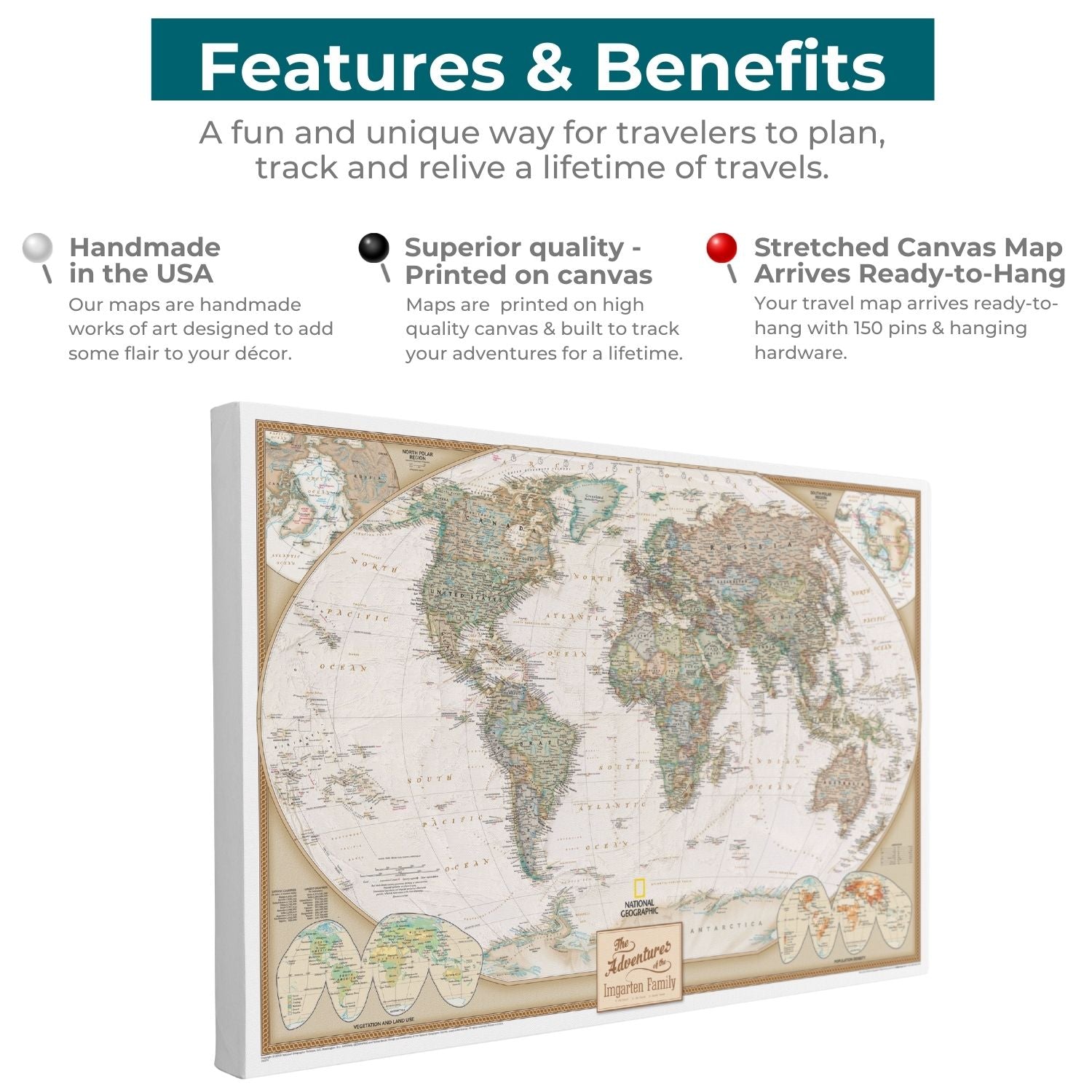 Gallery Wrapped - Executive World Travel Map with pins