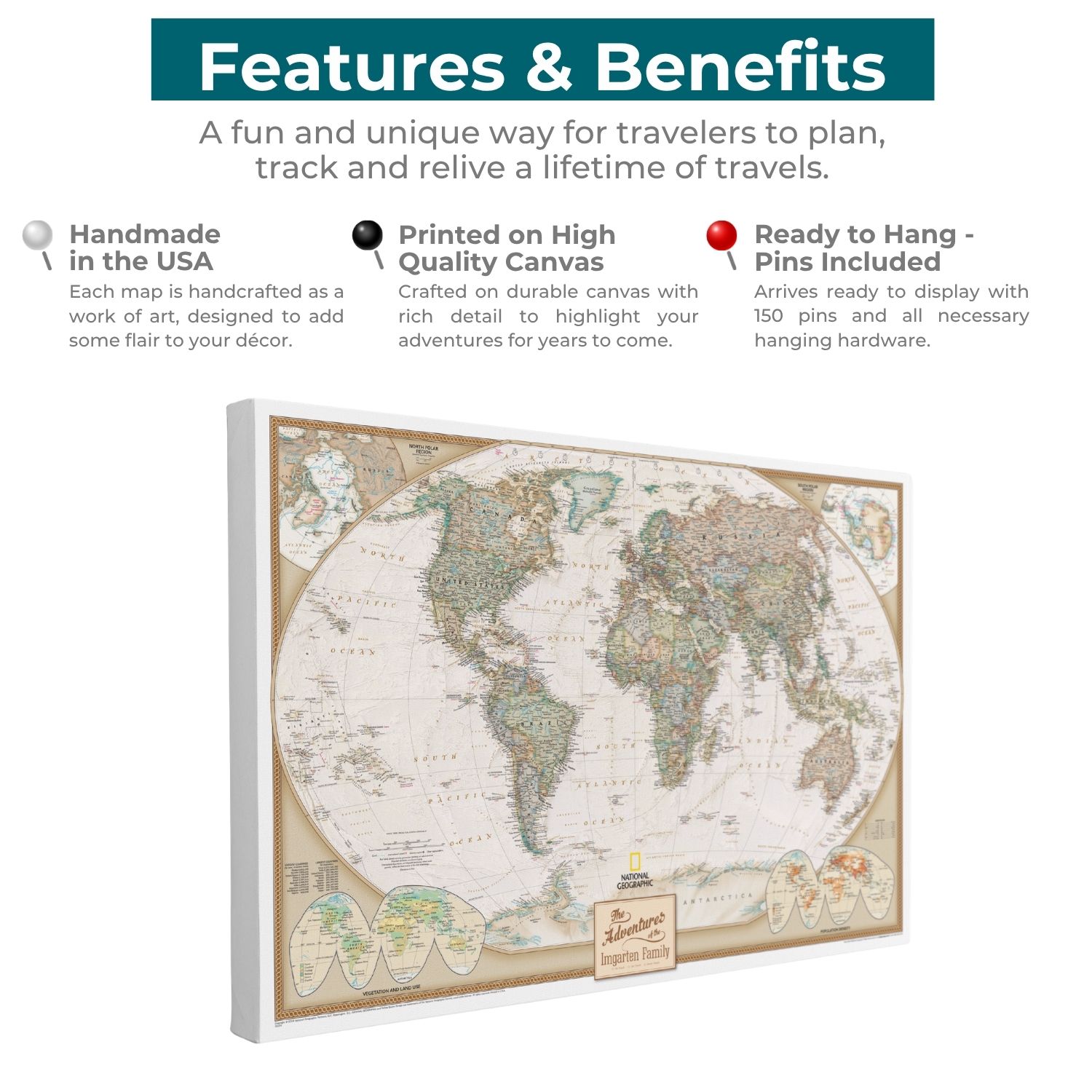 Executive World Travel Map canvas gallery wrapped with antique-style National Geographic pin board design, angled view showing thick white frame and features callouts overhead