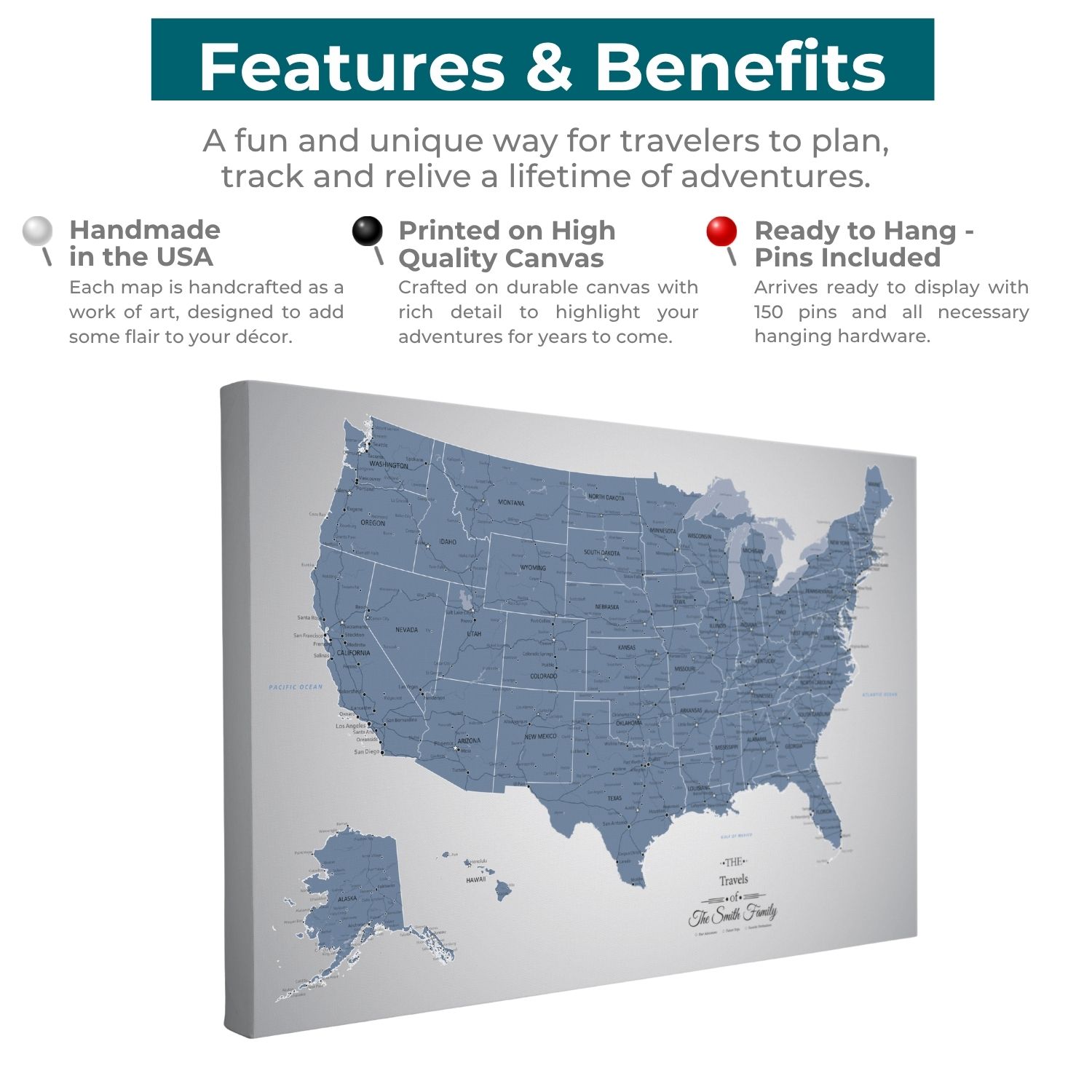 Blue Ice USA travel map canvas gallery wrap with features and benefits infographic showing pin details