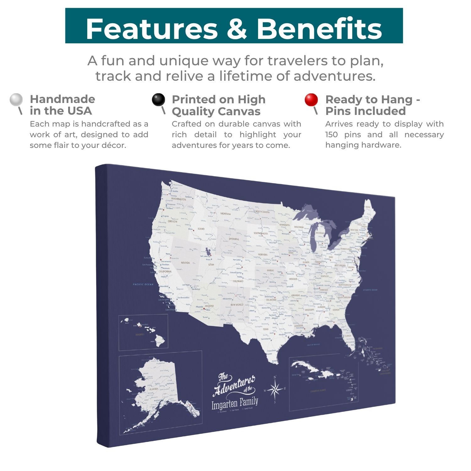 Navy canvas USA Caribbean travel map features benefits infographic with push pins included