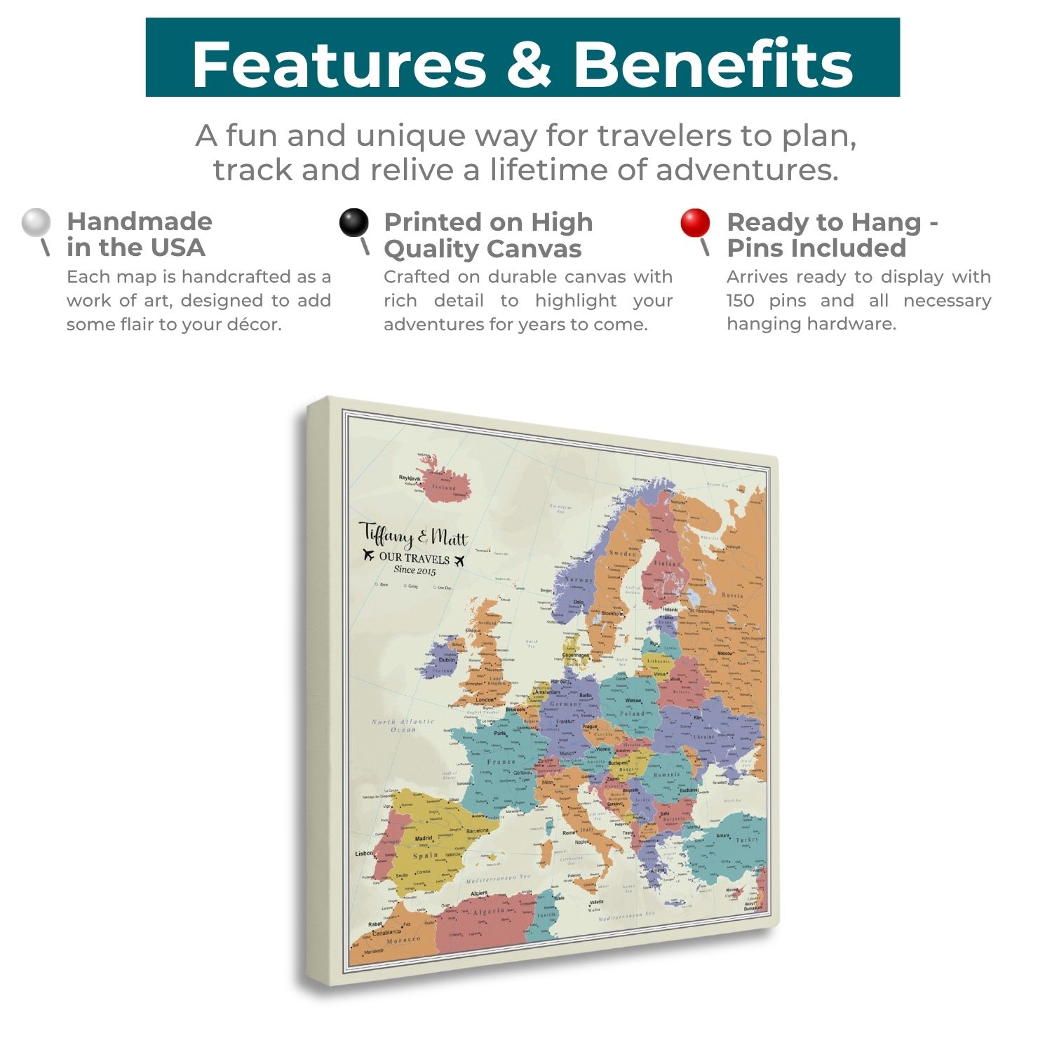 Personalized tan oceans Europe push pin travel map canvas features and benefits infographic
