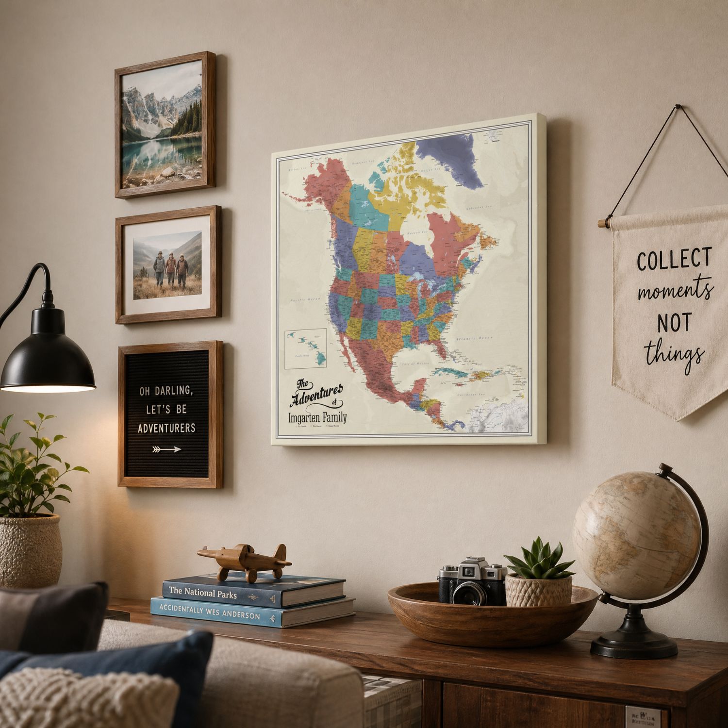 Personalized North America push pin travel map gallery wrapped canvas displayed in cozy travel-themed living room
