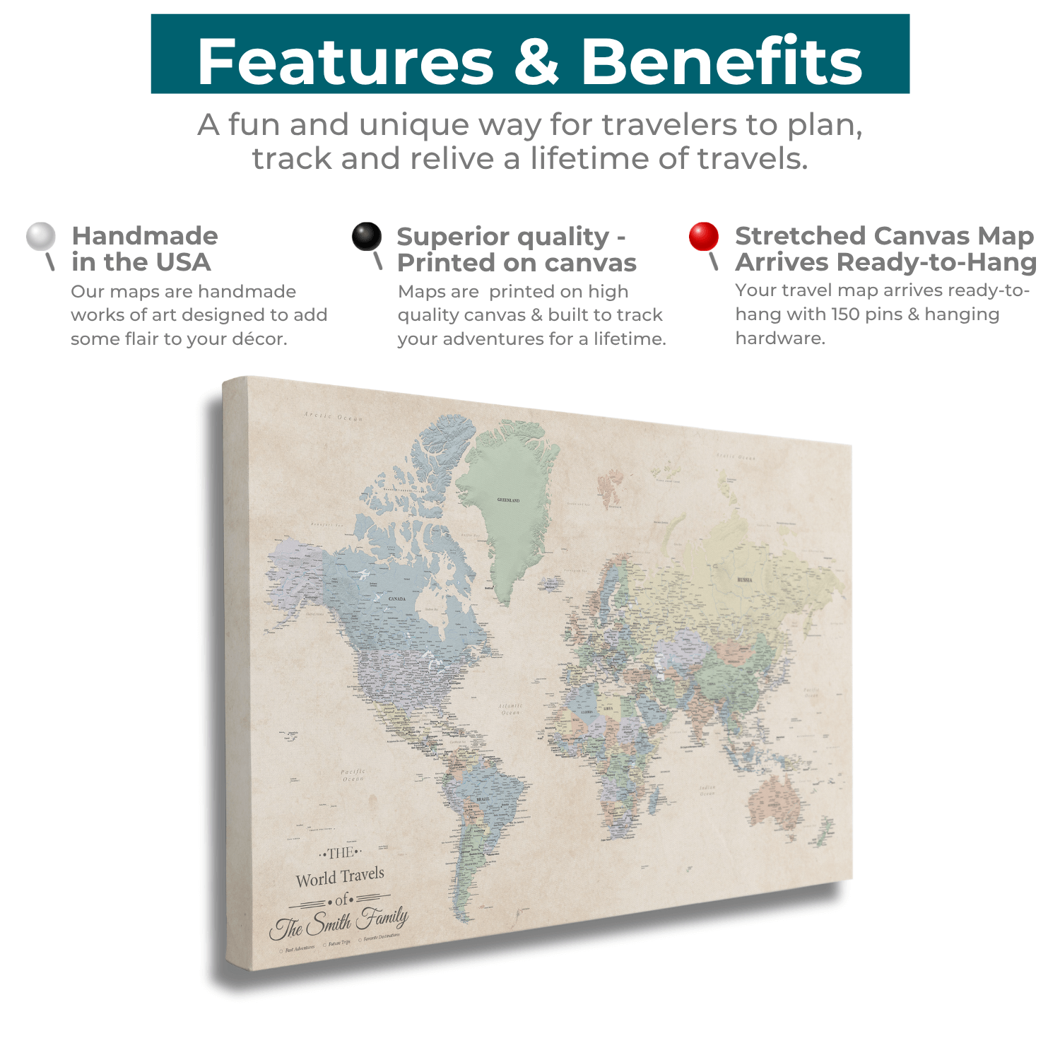 Personalized Sandy Dreams world travel map canvas showing features and benefits infographic with push pins