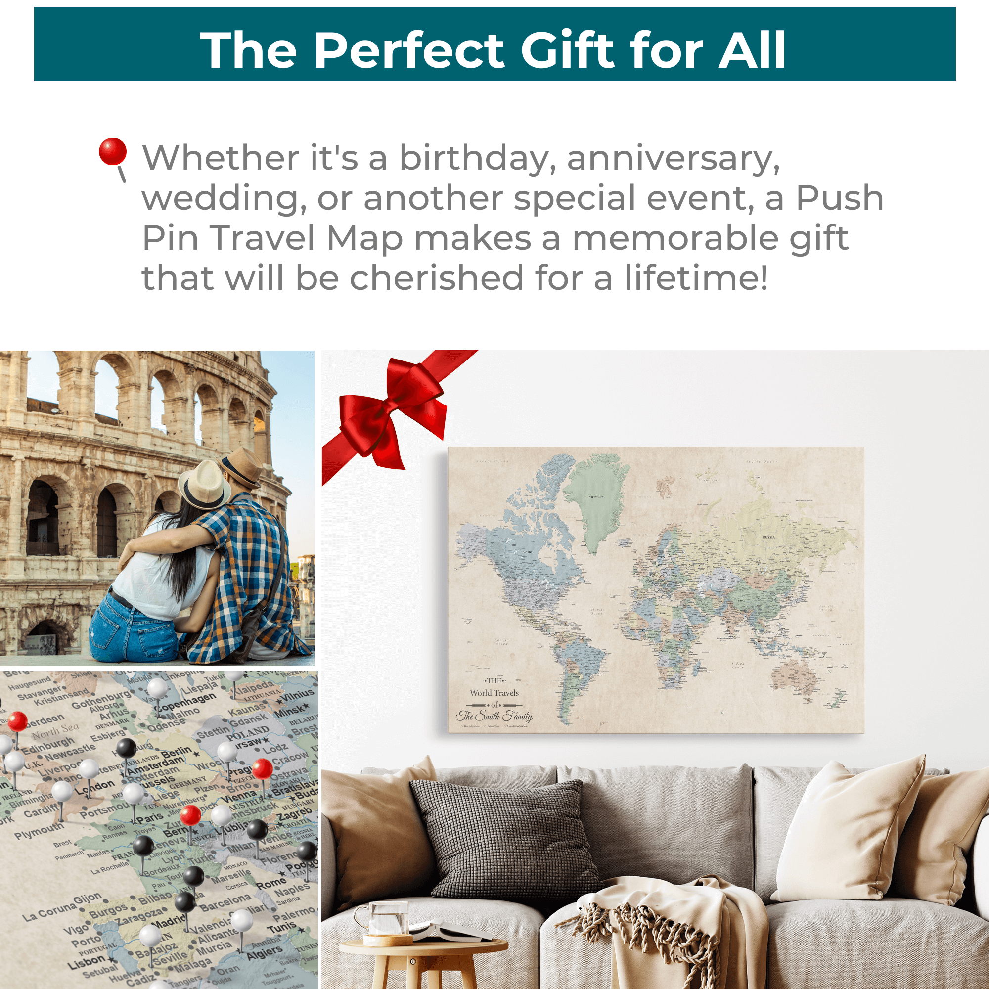 Personalized Sandy Dreams World Travel Map canvas with push pins displayed as perfect gift above modern sofa