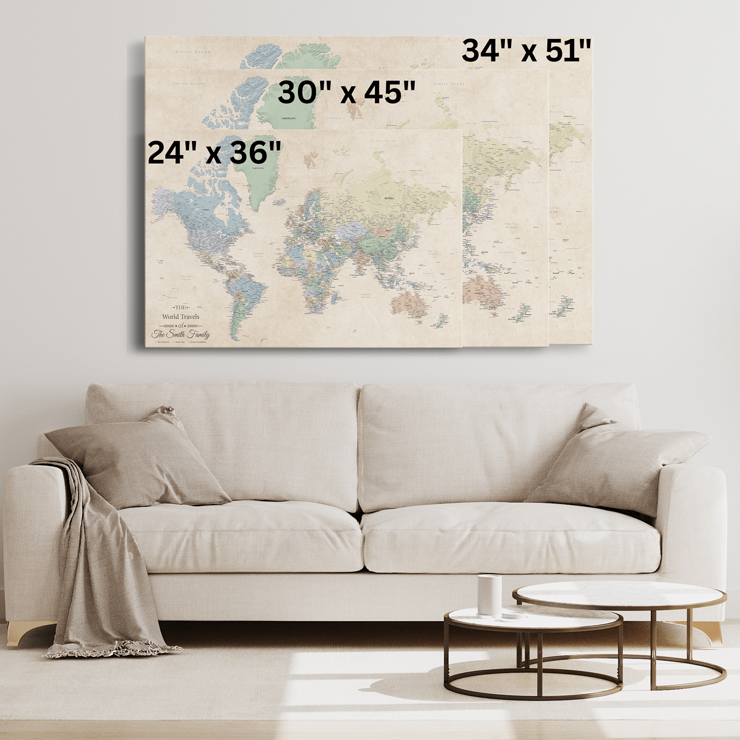size comparison for gallery wrapped sandy dreams world map