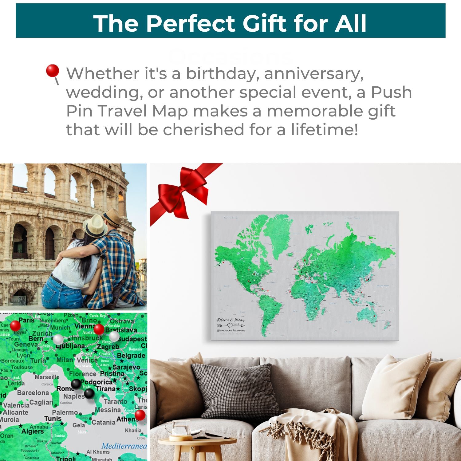 Enchanting Emerald watercolor world push pin travel map canvas displayed as perfect anniversary gift