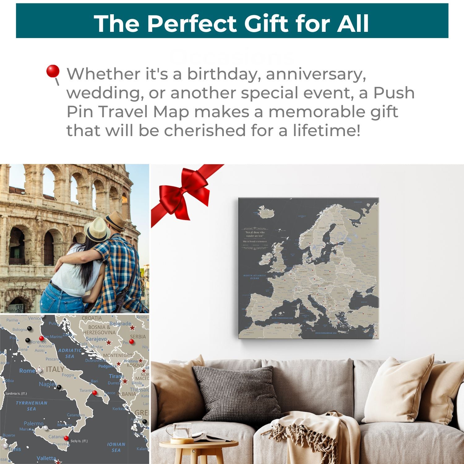 Earth toned Europe push pin travel map canvas displayed above cozy living room sofa