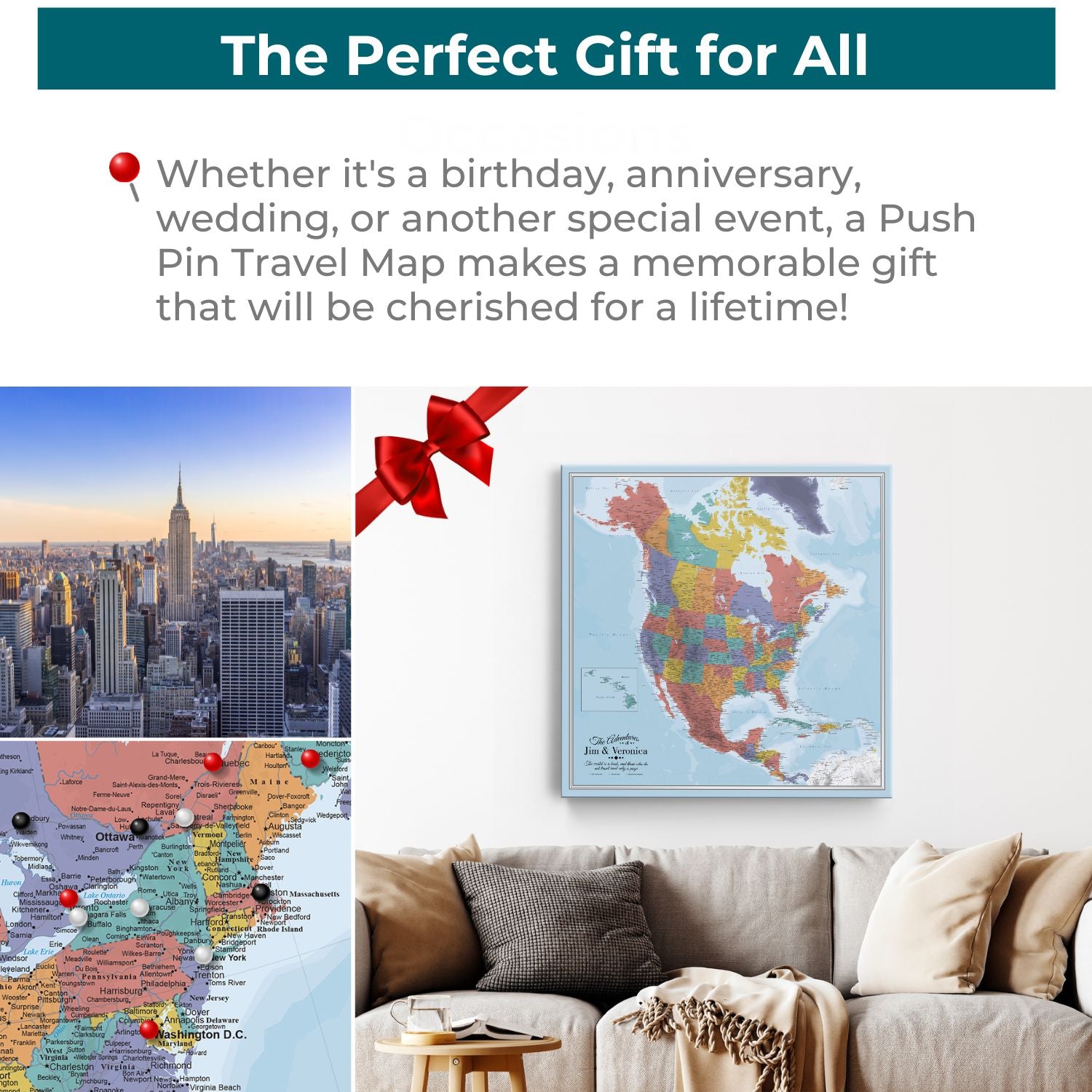 Personalized Blue Oceans North America push pin travel map displayed as perfect gift in living room
