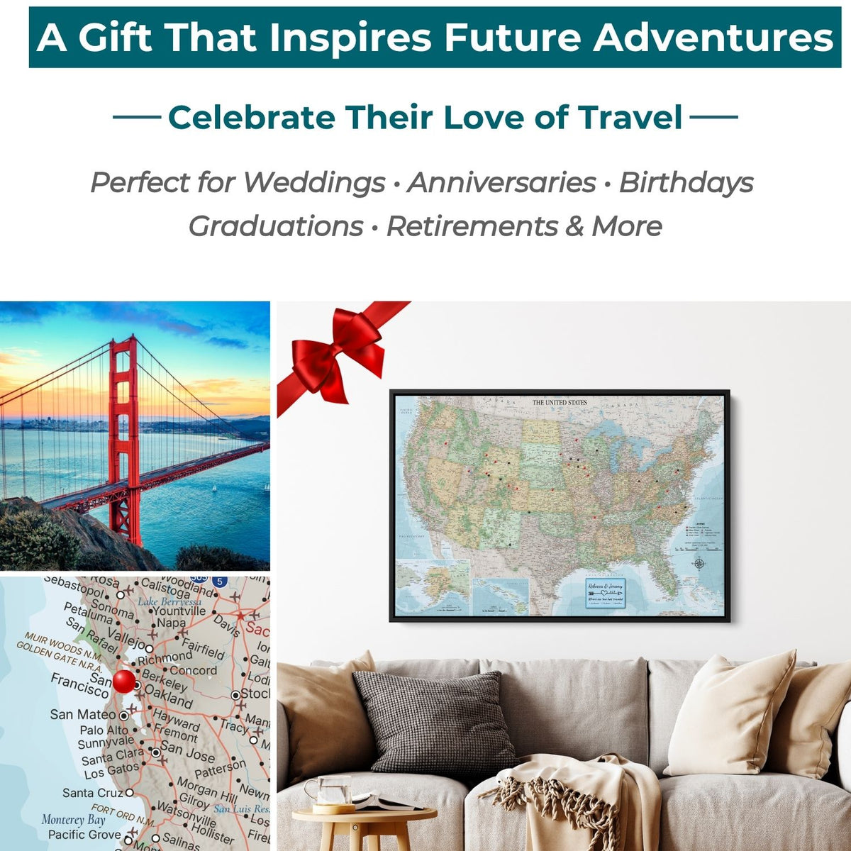 Gallery Wrapped - Signature USA Travel Map with pins - Stretched Canvas