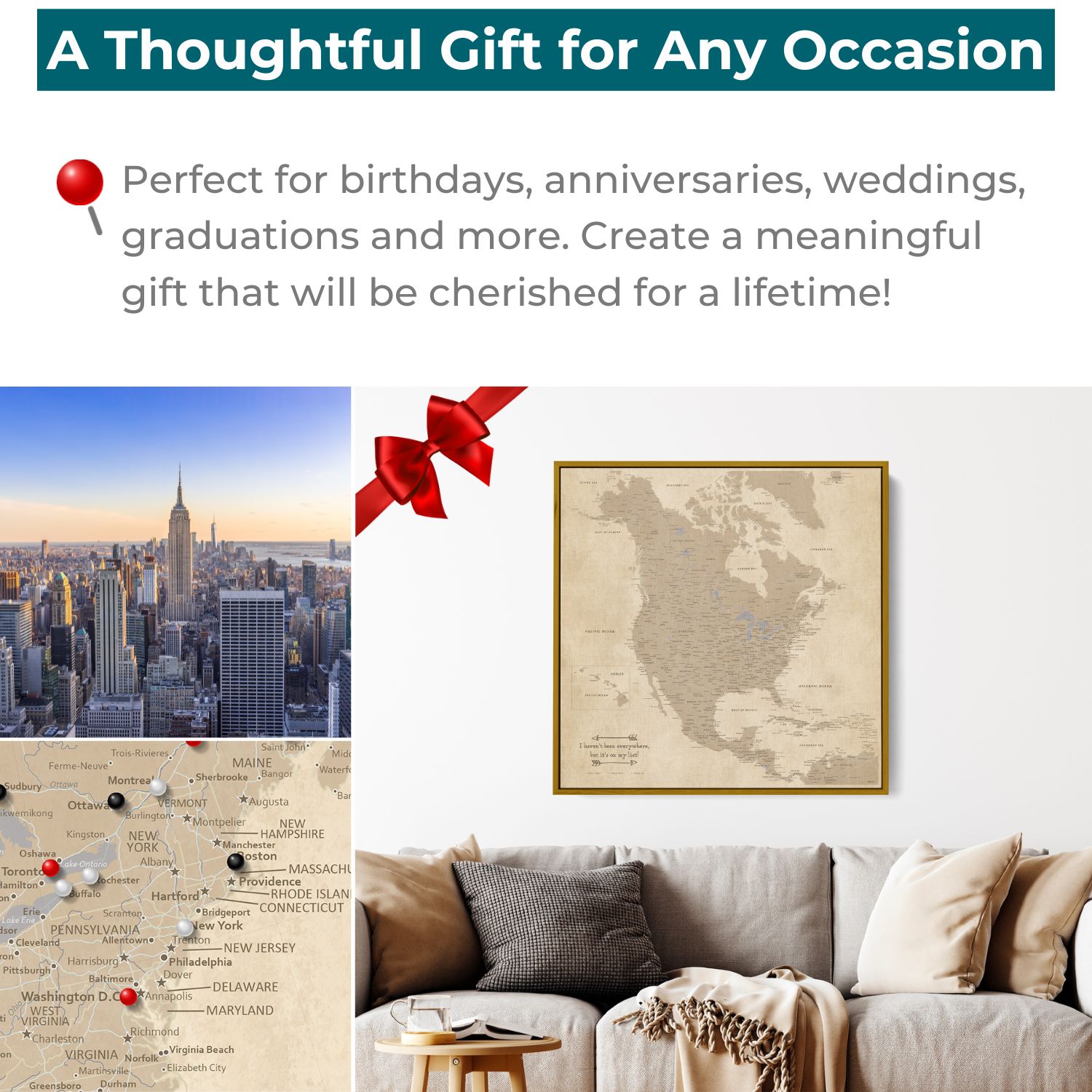 Vintage North America travel map canvas in gold frame displayed above living room sofa as thoughtful gift