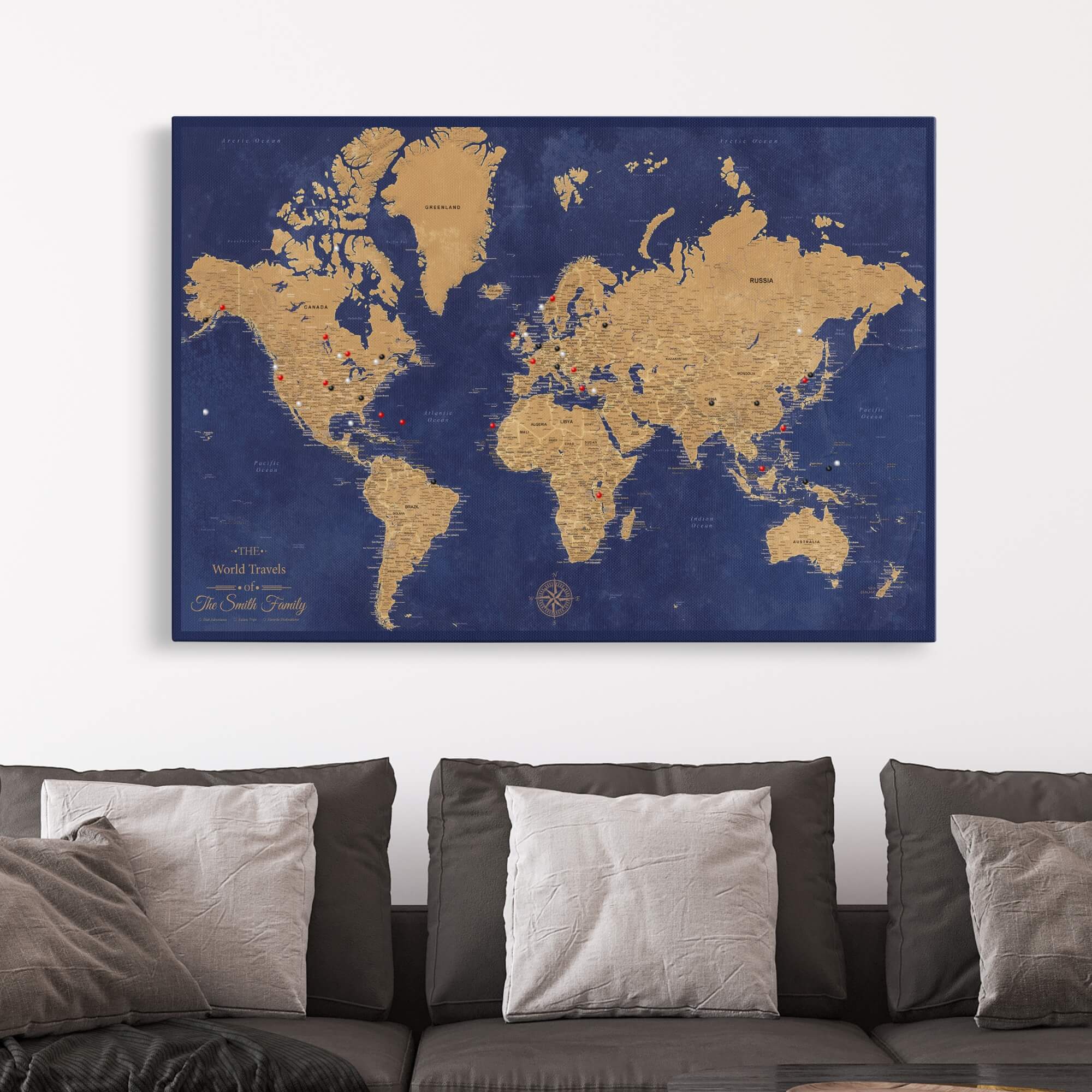 Canvas - Gold & Navy World Travel Map with pins