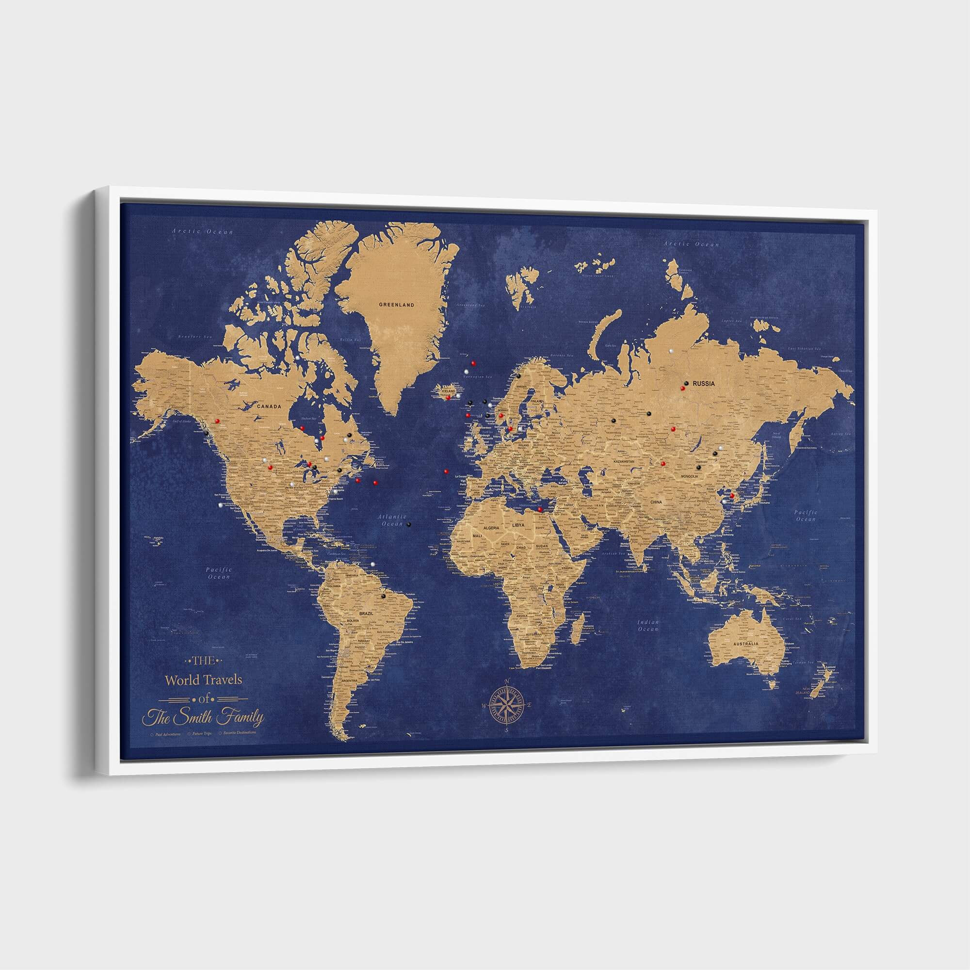 Personalized gold and navy world travel push pin map on framed canvas with compass rose detail