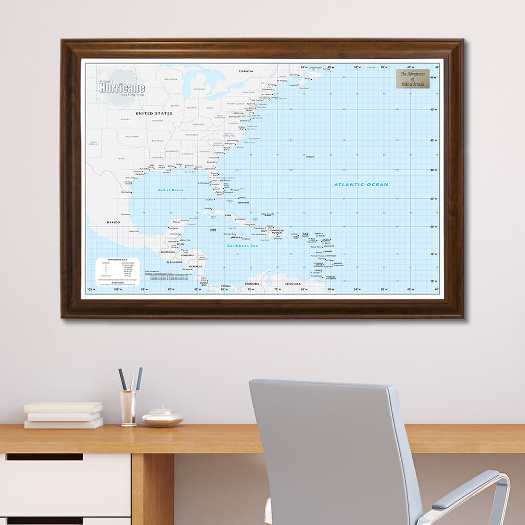Framed Atlantic Hurricane Wall Map with Pins in Brown Frame