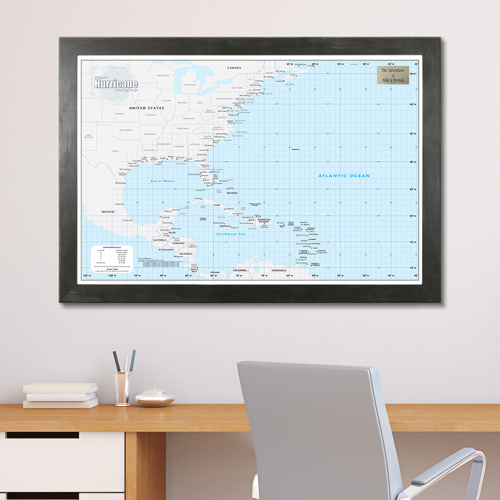 Framed Atlantic Hurricane Wall Map with Pins in Rustic Black Frame
