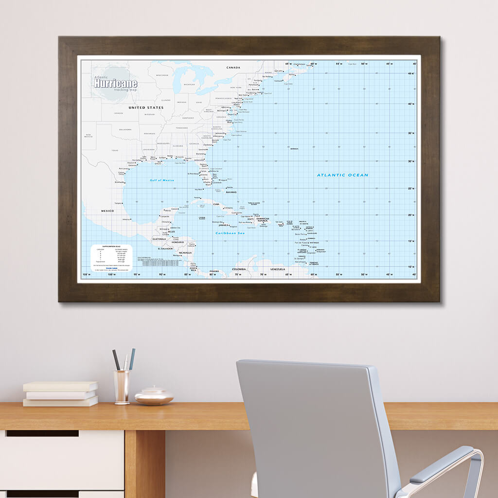Framed Atlantic Hurricane Wall Map with Pins in Rustic Brown Frame