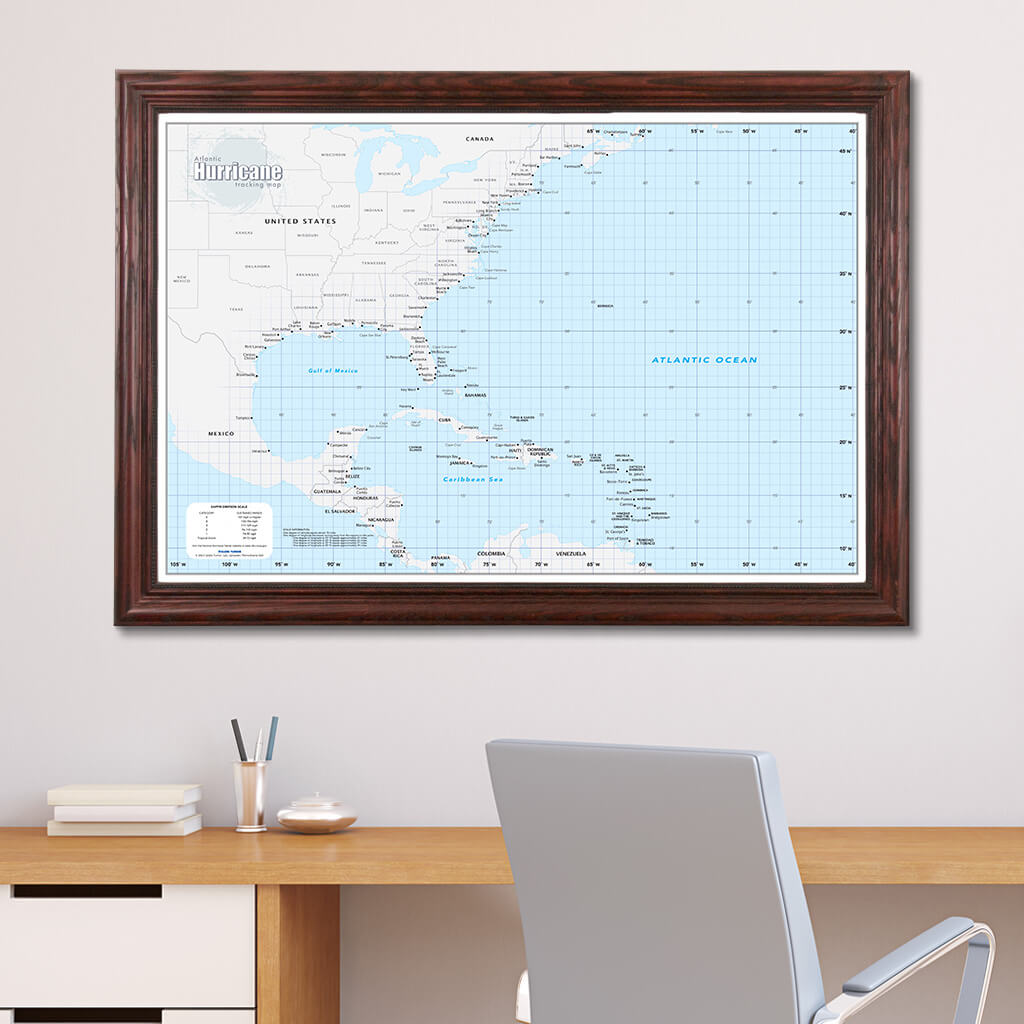 Framed Atlantic Hurricane Wall Map with Pins in Solid Wood Cherry Frame