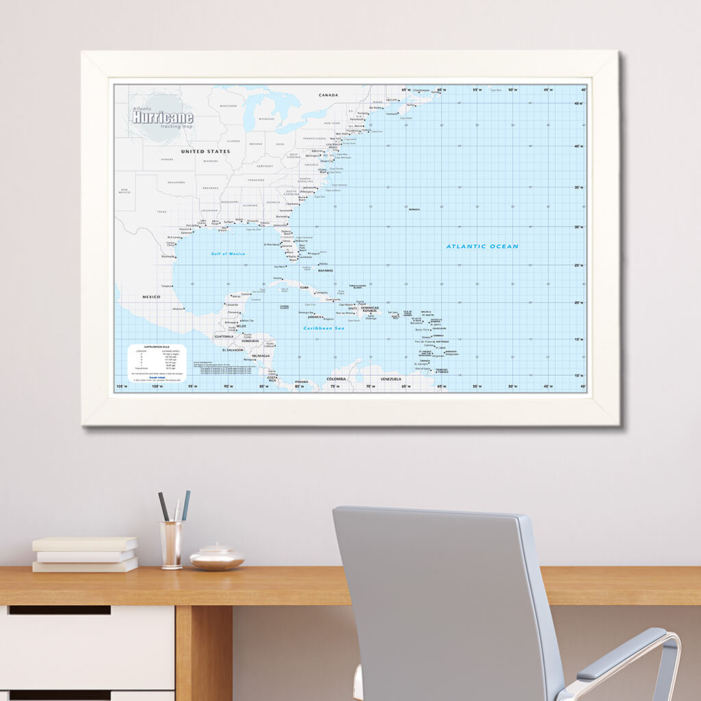 Framed Atlantic Hurricane Wall Map with Pins in Textured White Frame