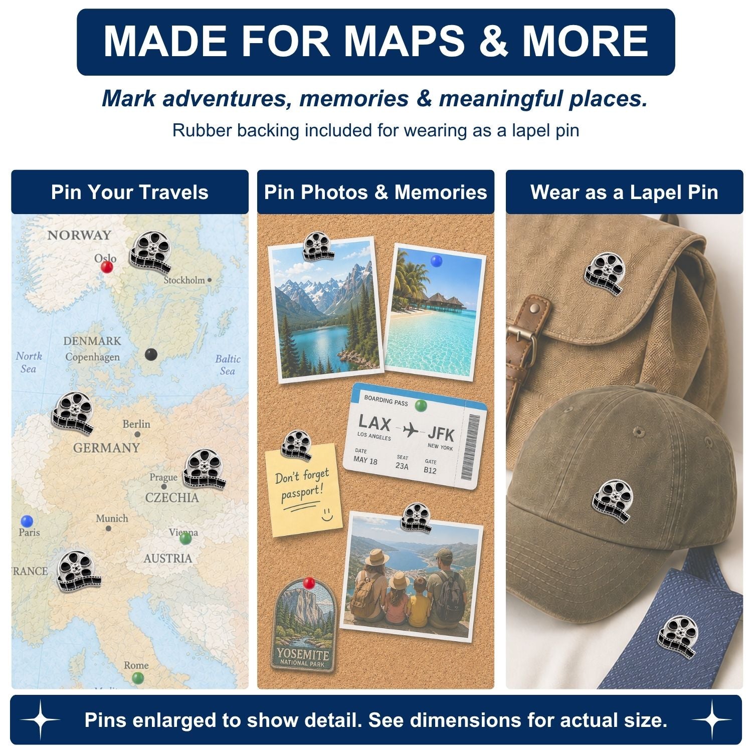 Movie Reel Push Pins - Film Enamel Map & Lapel Pins