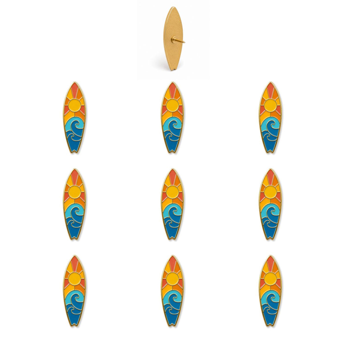 Ten colorful surfboard enamel push pins featuring sunset sky and blue wave design with gold metal backing shown