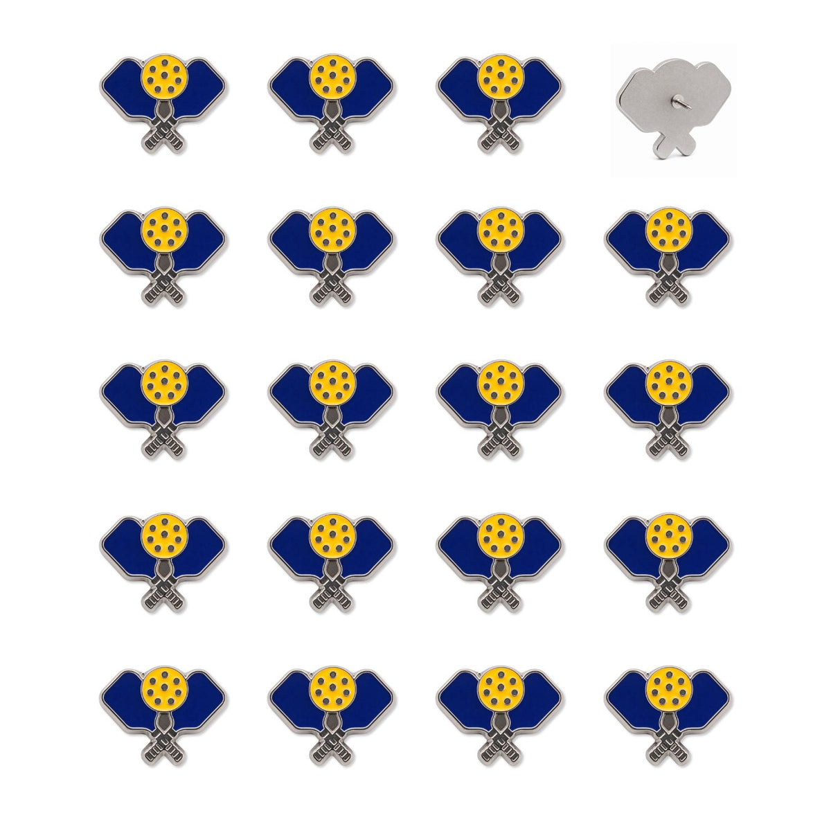 Set of 19 navy blue enamel pickleball paddle push pins with yellow ball detail and silver backs