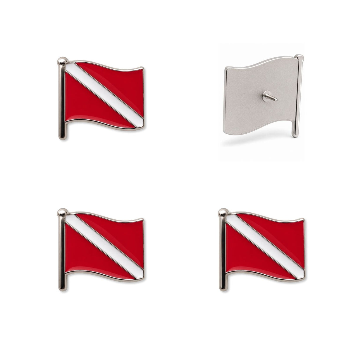 Four red white enamel scuba dive flag lapel pins showing front and back views with silver nickel finish