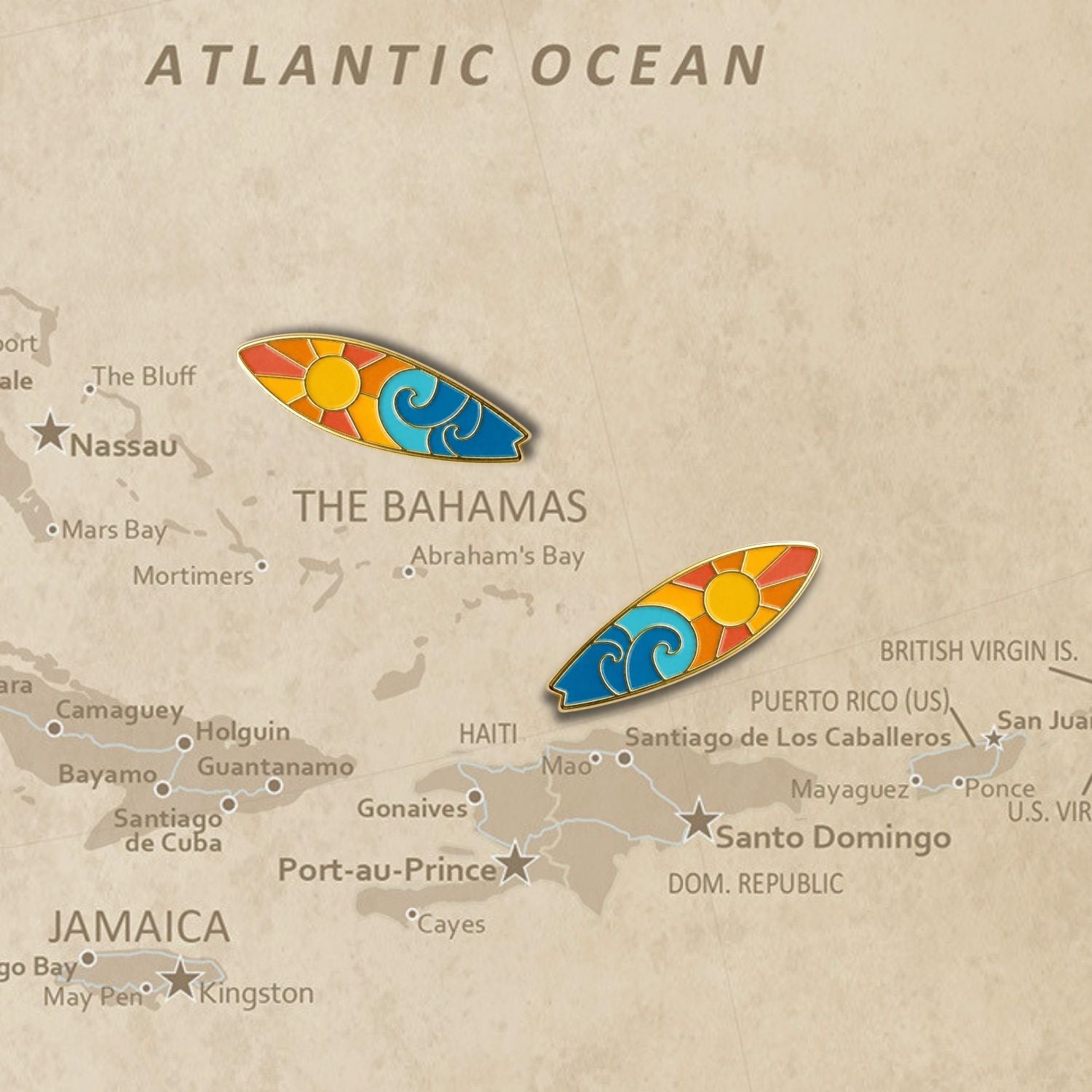 Surfboard Push Pins - Beach Enamel Map & Lapel Pins