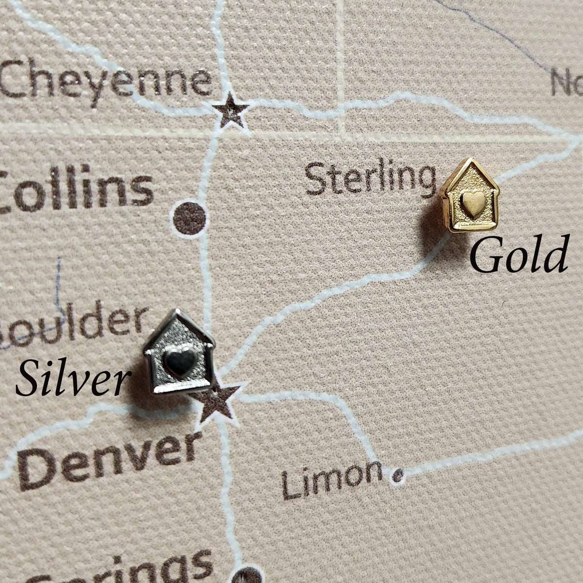 Mini Metal Push Pins of Houses  in gold or silver