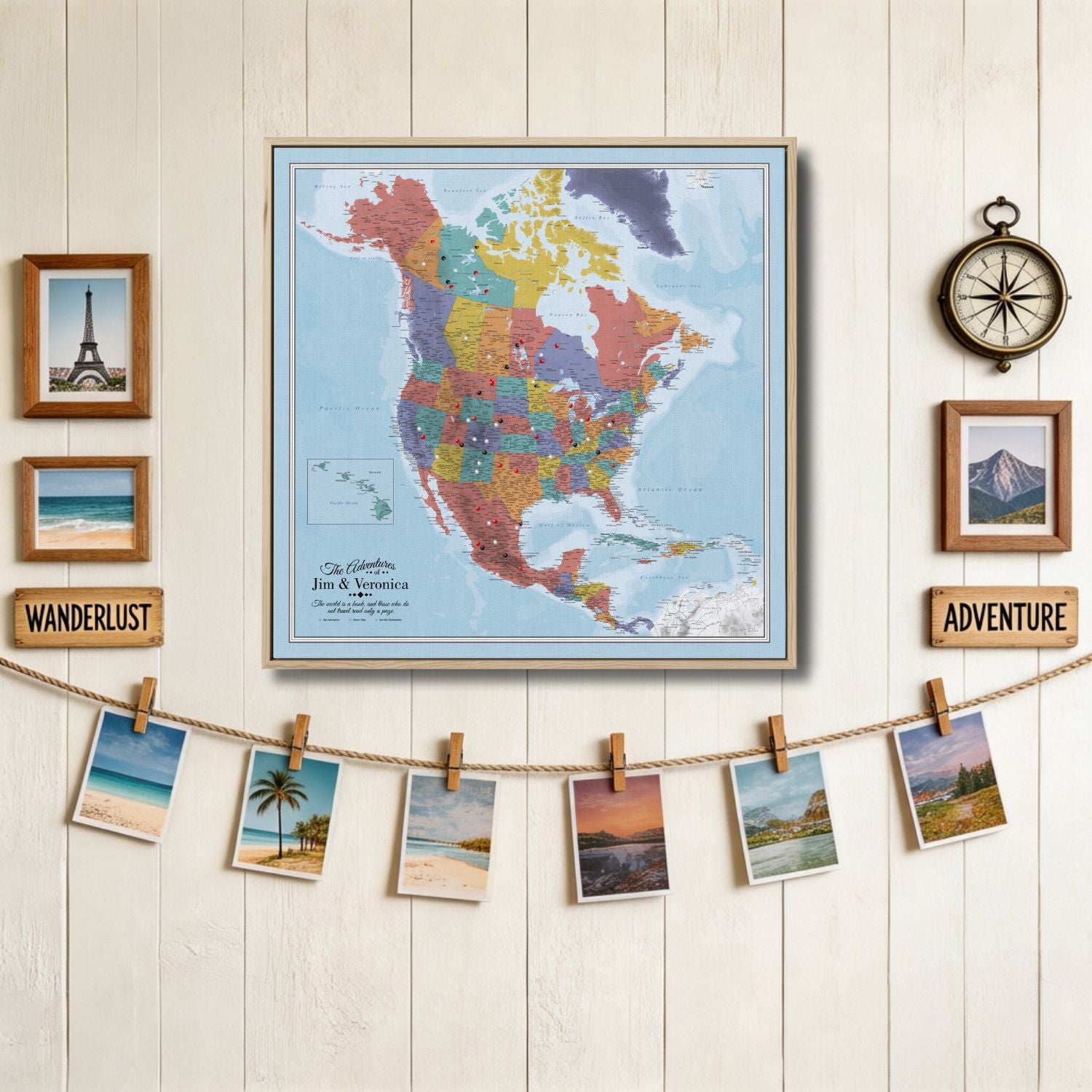 Personalized Blue Oceans North America canvas travel map with pins displayed on rustic wall