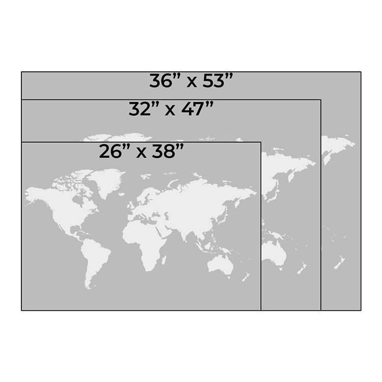 World map canvas size comparison chart showing three available dimensions 26x38 32x47 and 36x53 inches in gray tones