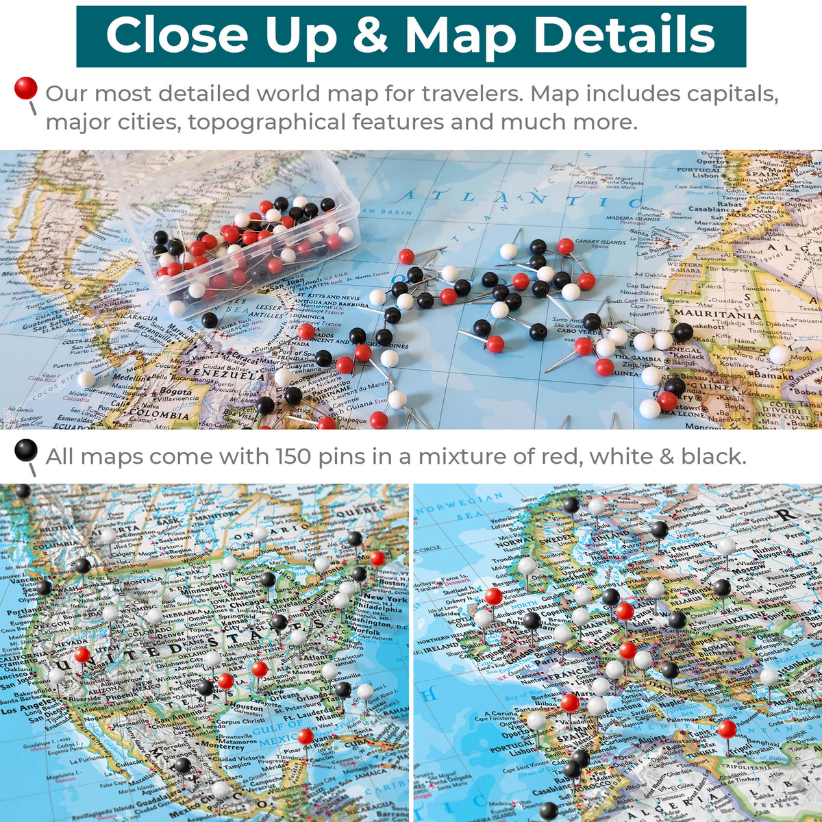 Classic World Push Pin Travel Maps - Close up and Details