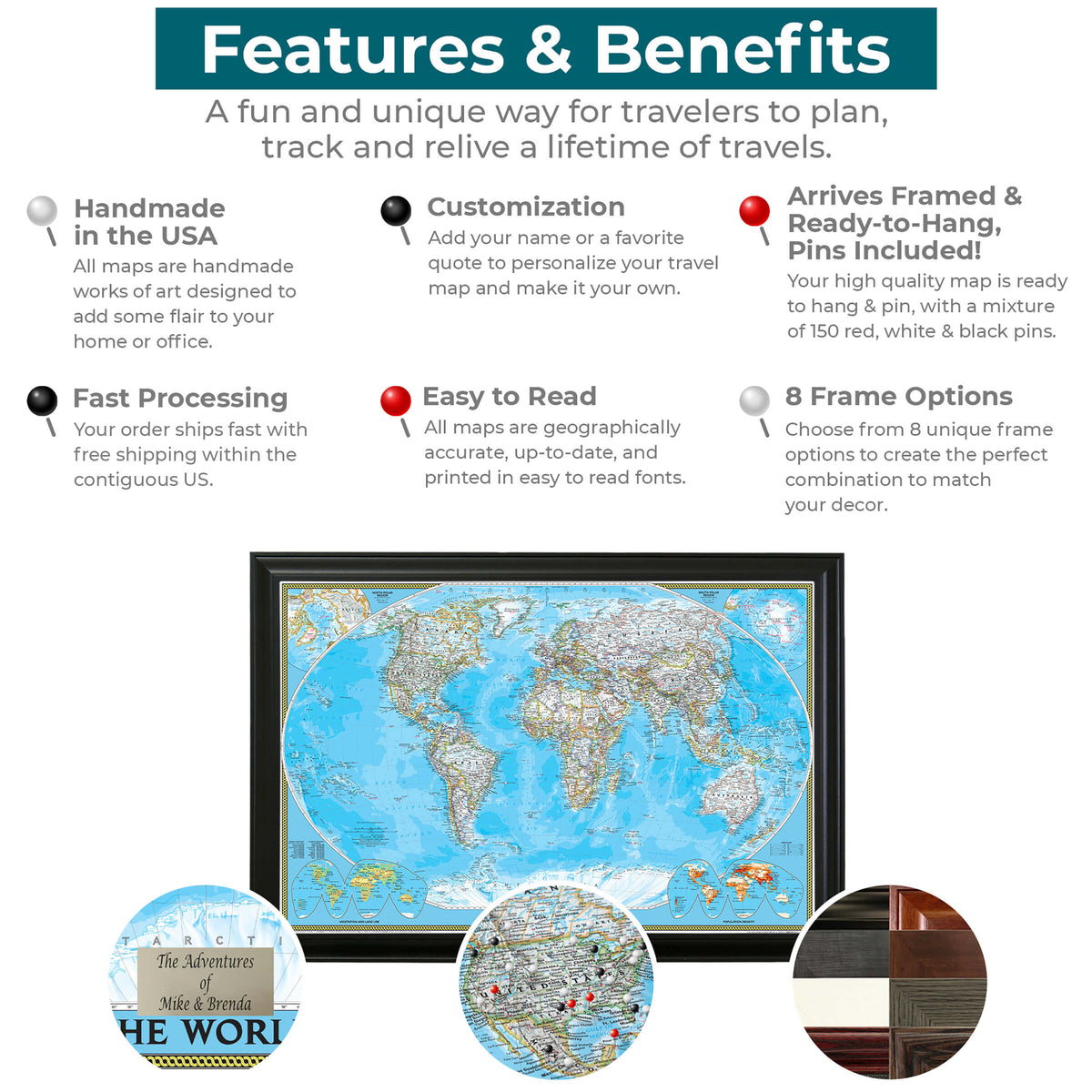 Classic World Push Pin Travel Map Features and Benefits