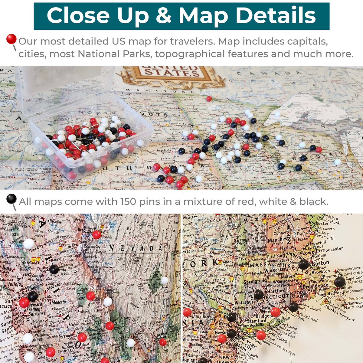 Executive USA Push Pin Travel Maps - Close up and Details