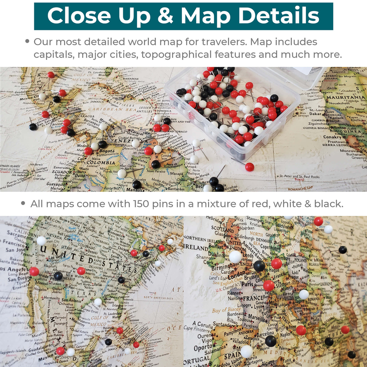 Executive World Push Pin Travel Maps - Close up and Details