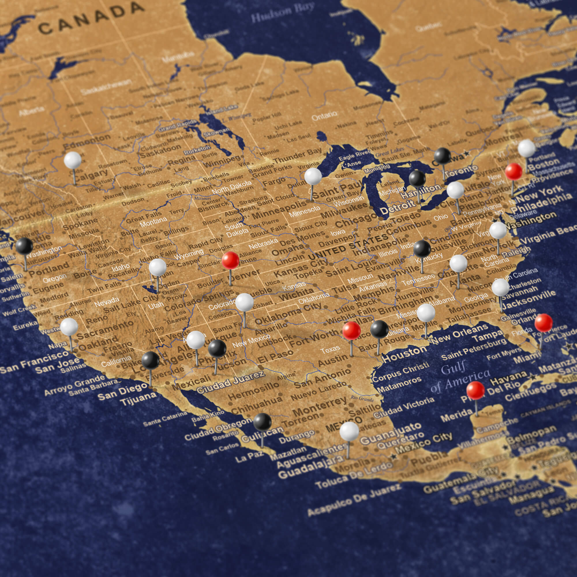 Close up of usa on gold and navy world map