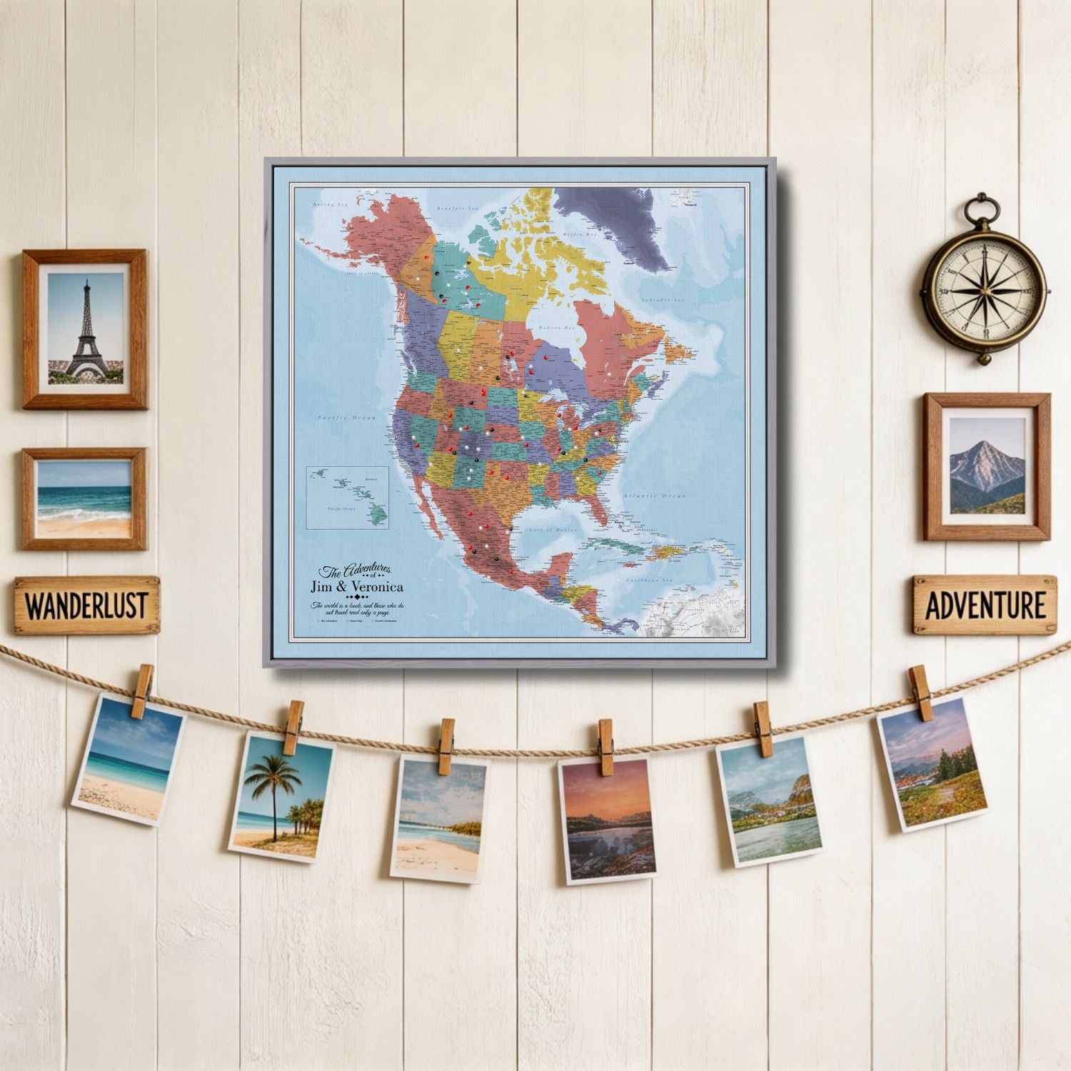 Personalized Blue Oceans North America canvas travel map with pins displayed on rustic wall