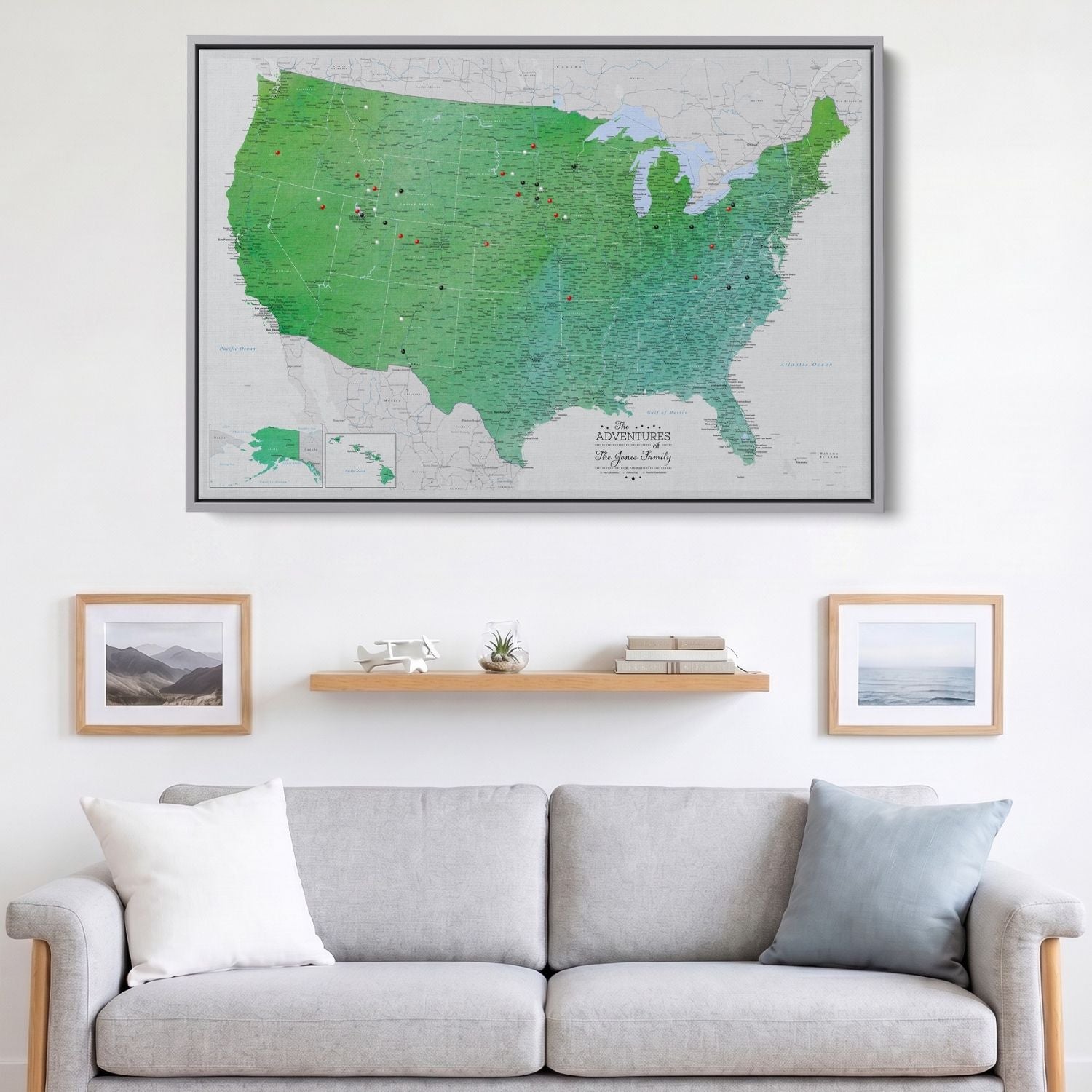 Enchanting Emerald watercolor USA travel map canvas with pins hanging above living room sofa