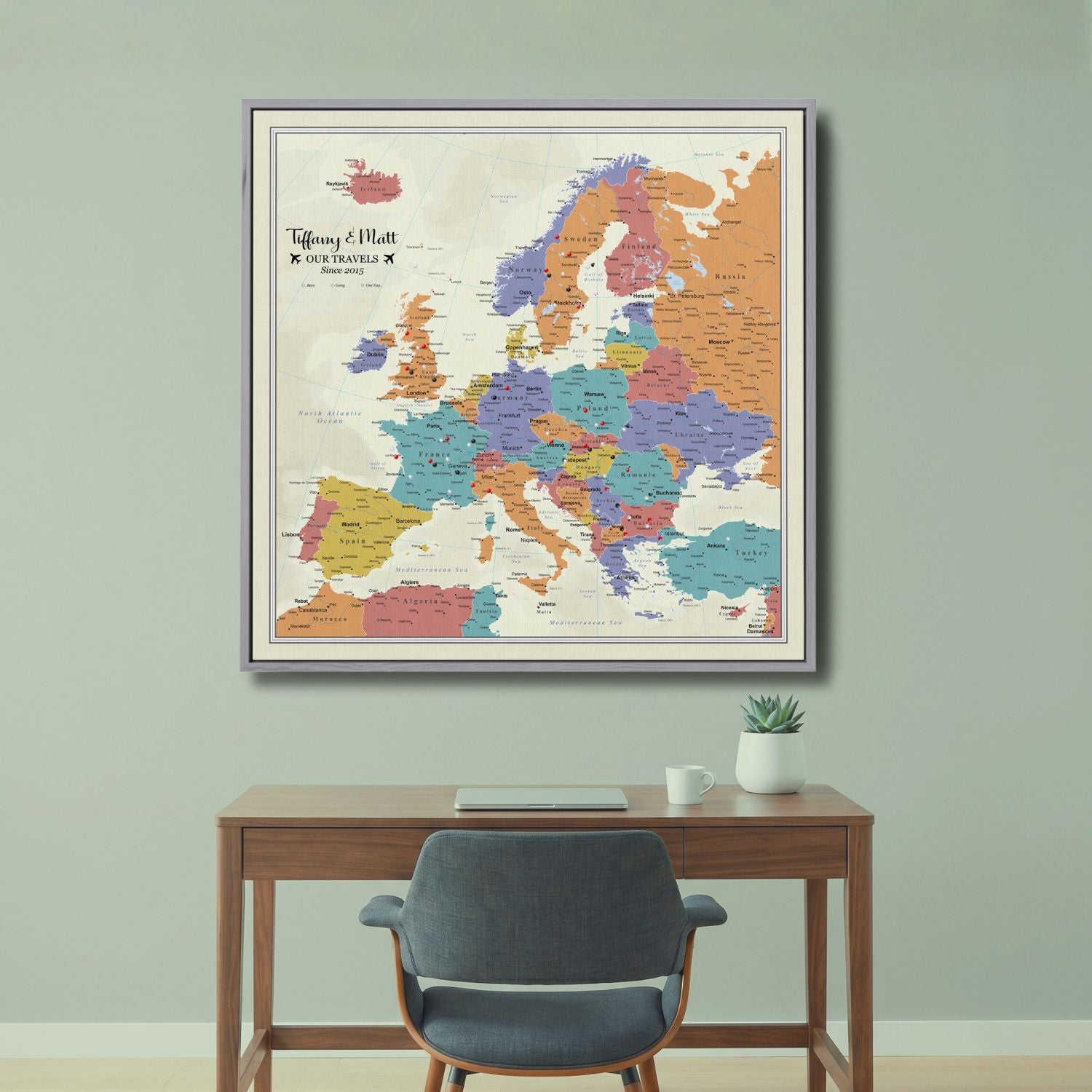 Personalized Europe push pin travel map canvas wall art hanging above modern desk
