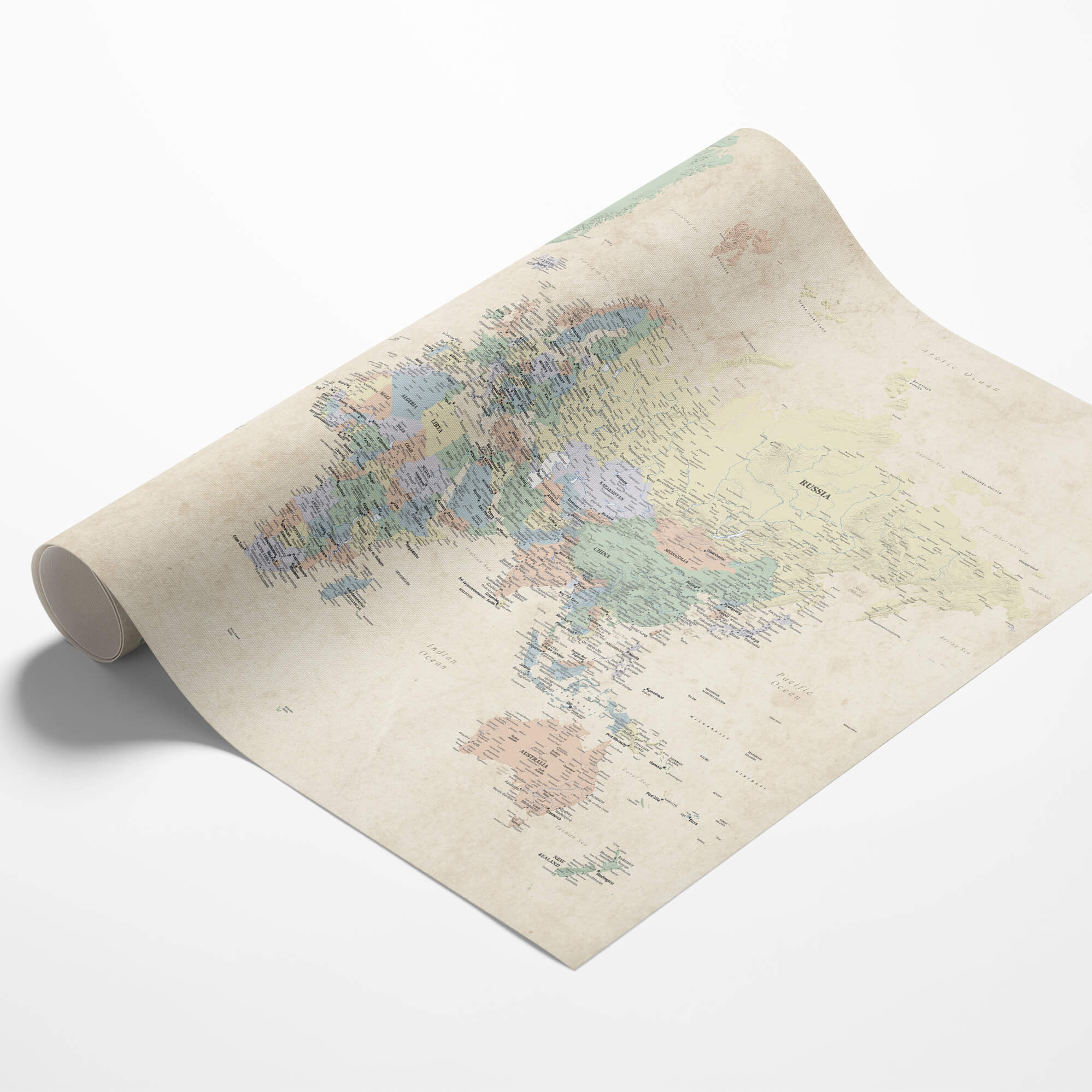 Rolled sandy dreams world canvas map poster showing vintage-style pastel continents with detailed country labels