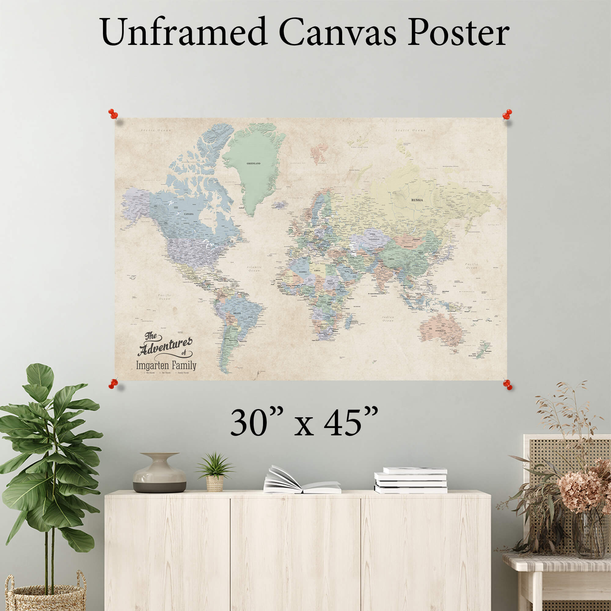 30x45 inch Sandy Dreams personalized world canvas map poster pinned to wall above wooden sideboard