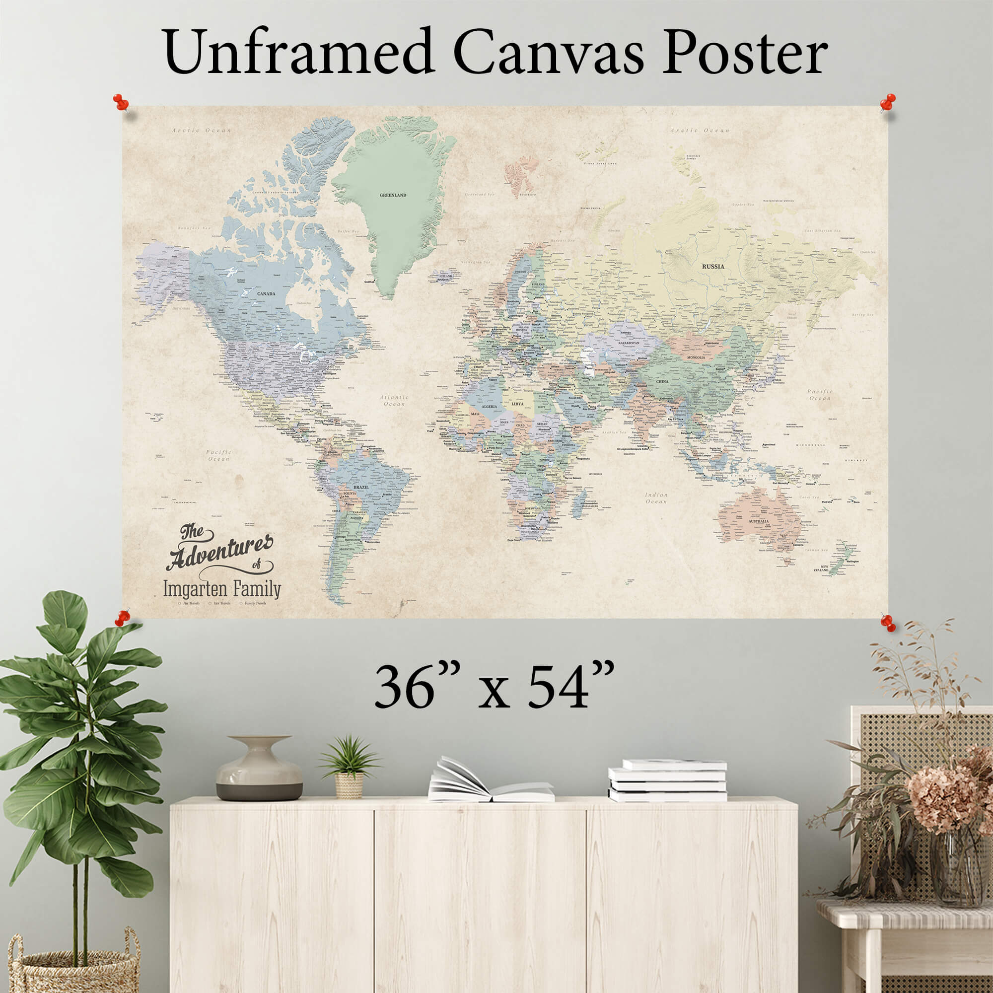 36x54 inch Sandy Dreams unframed canvas world map poster pinned to wall above wooden sideboard