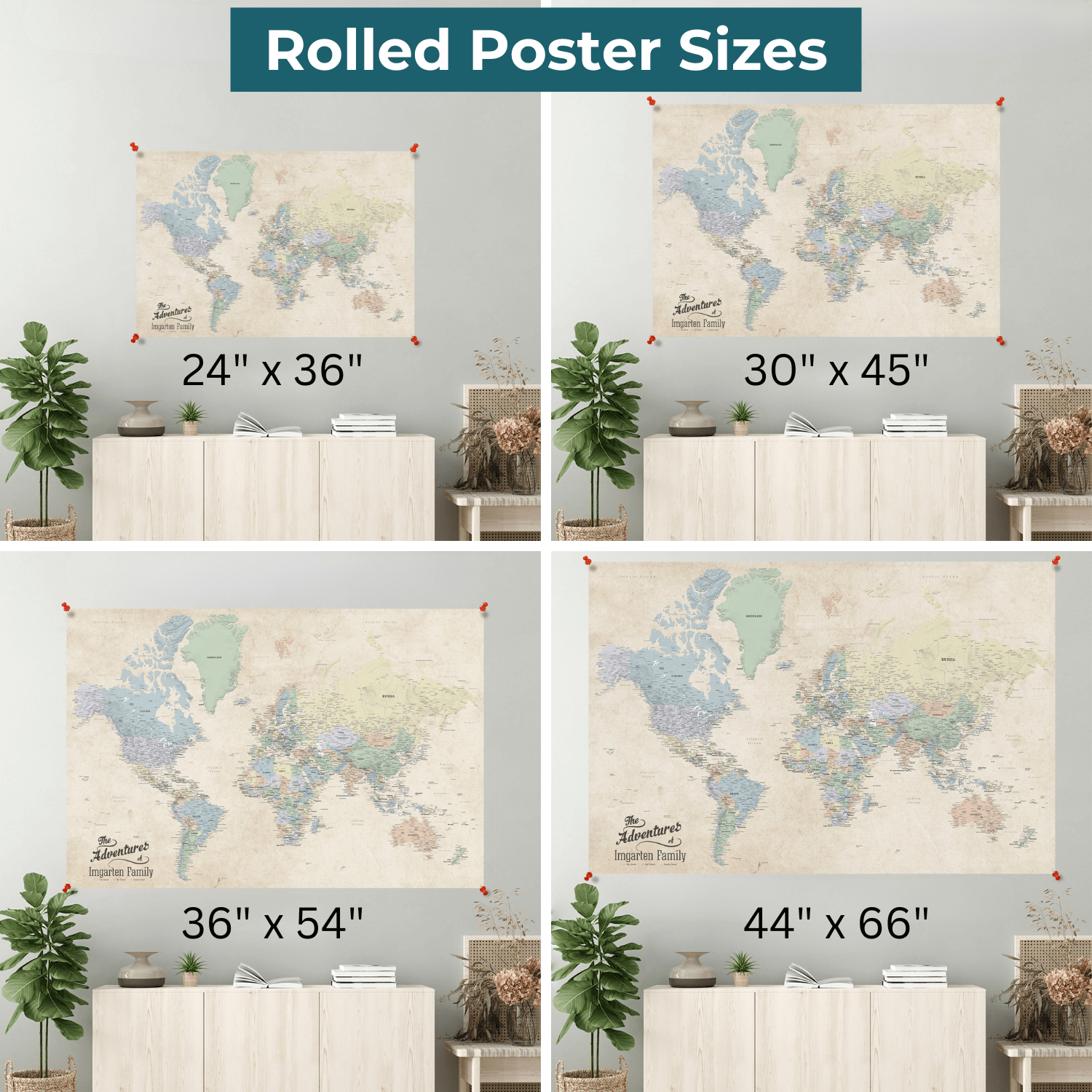 Four size comparison views of Sandy Dreams World Map Poster pinned to wall showing 24x36 30x45 36x54 44x66 inch options