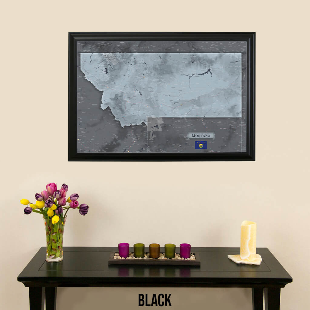 Montana Slate State Push Pin Travel Map in Black Frame
