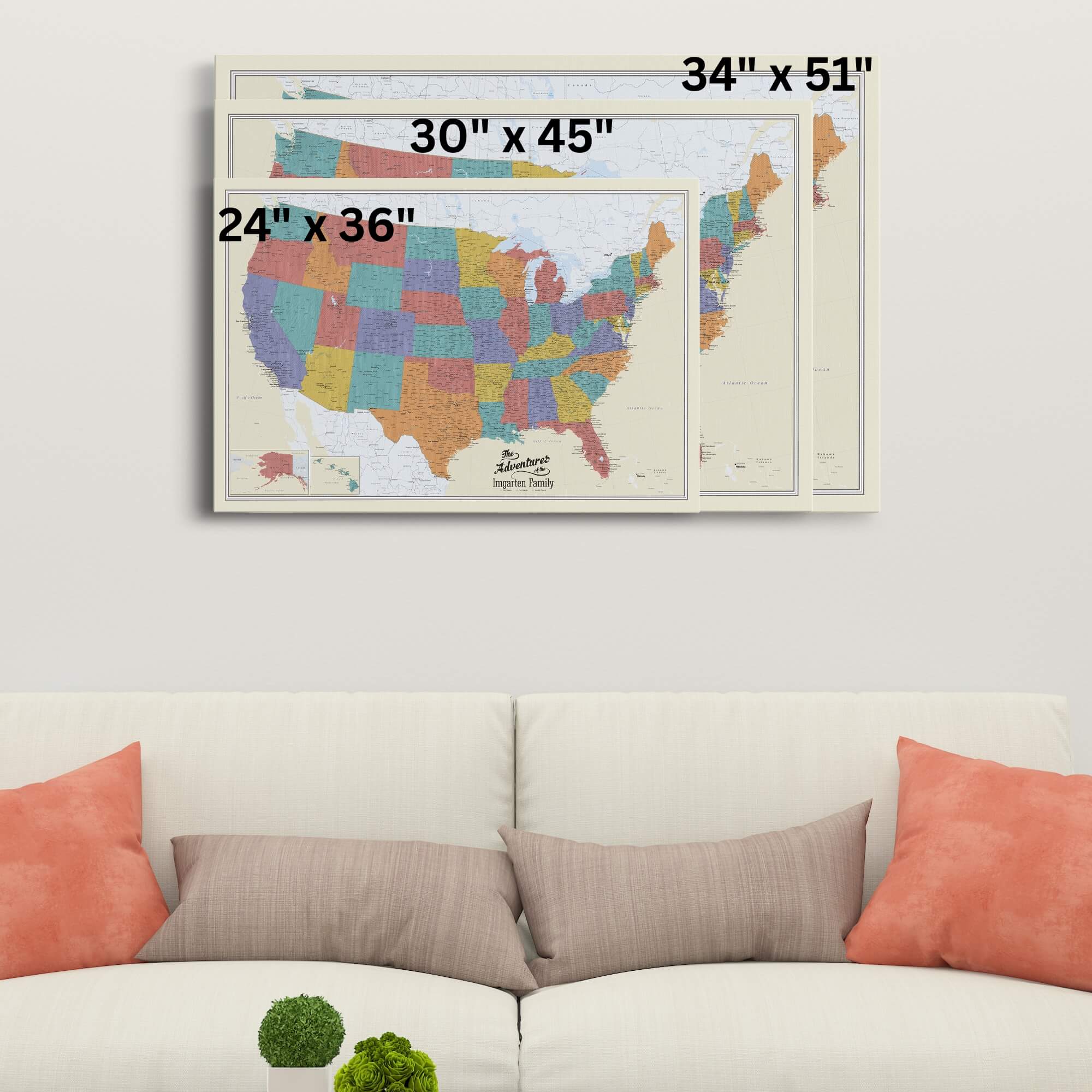 Gallery Wrapped - Tan Oceans USA Travel Map with pins