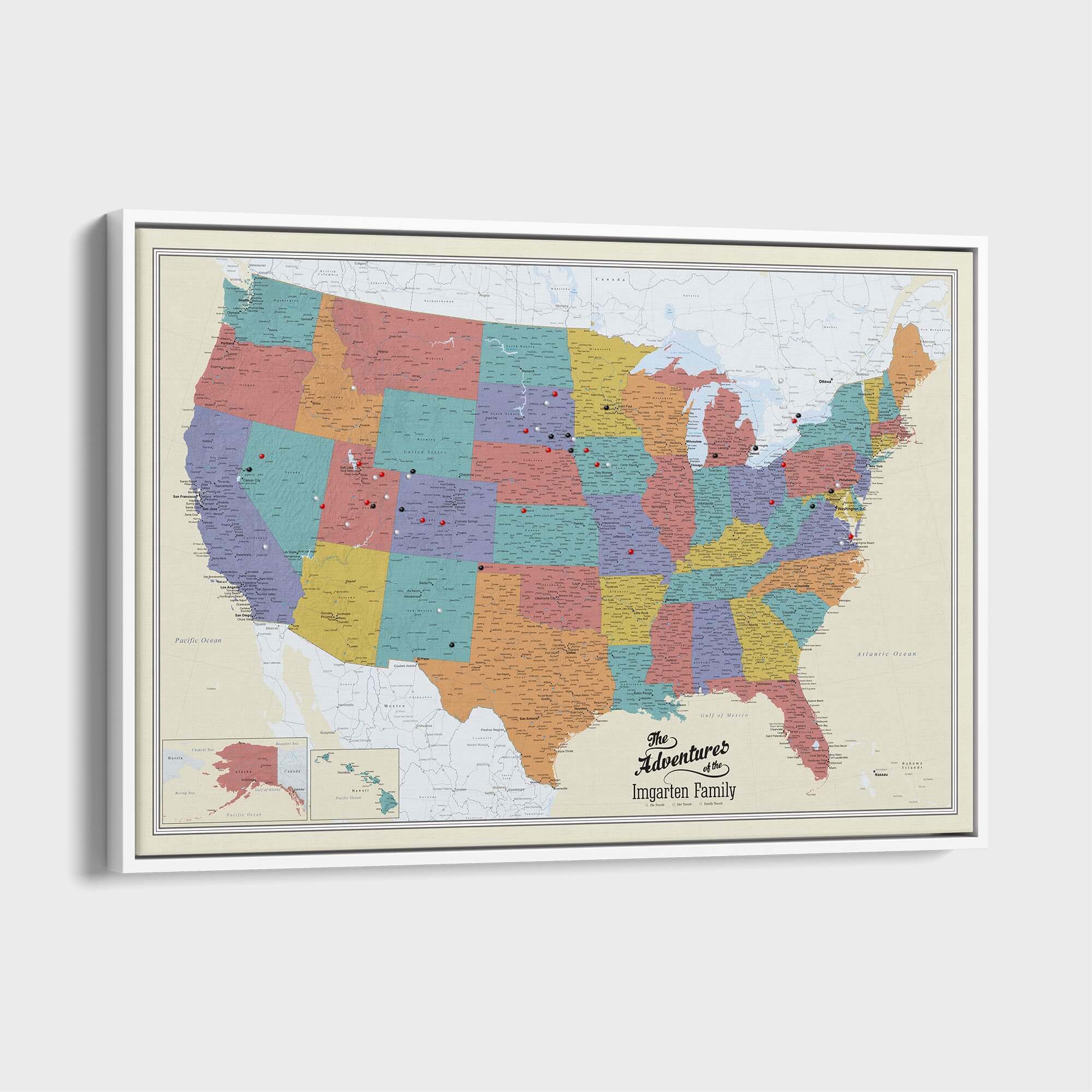Canvas - Tan Oceans USA Travel Pin Map
