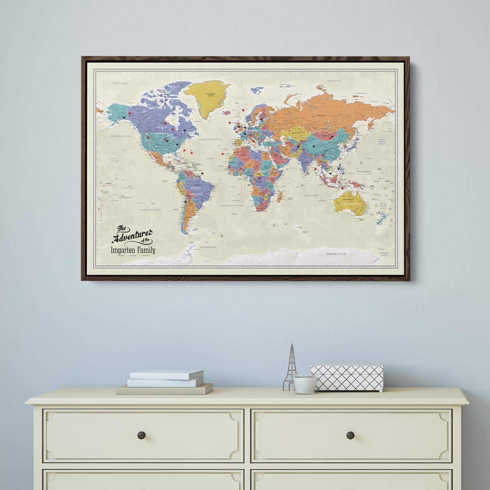Canvas - Tan Oceans World Travel Map with pins