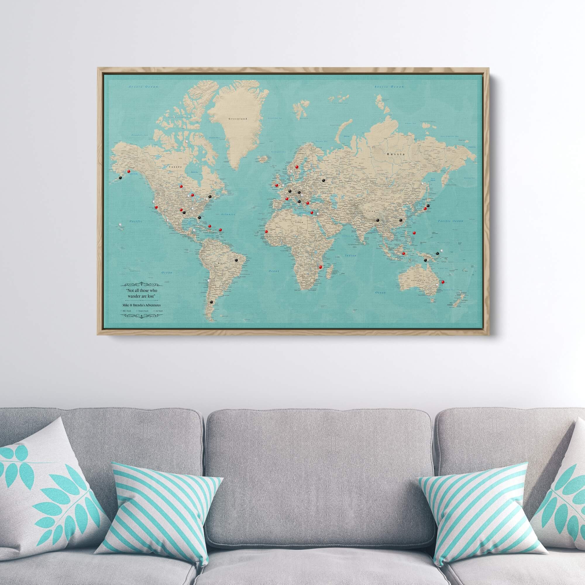 Canvas - Teal Dream World Push Pin Map with Pins