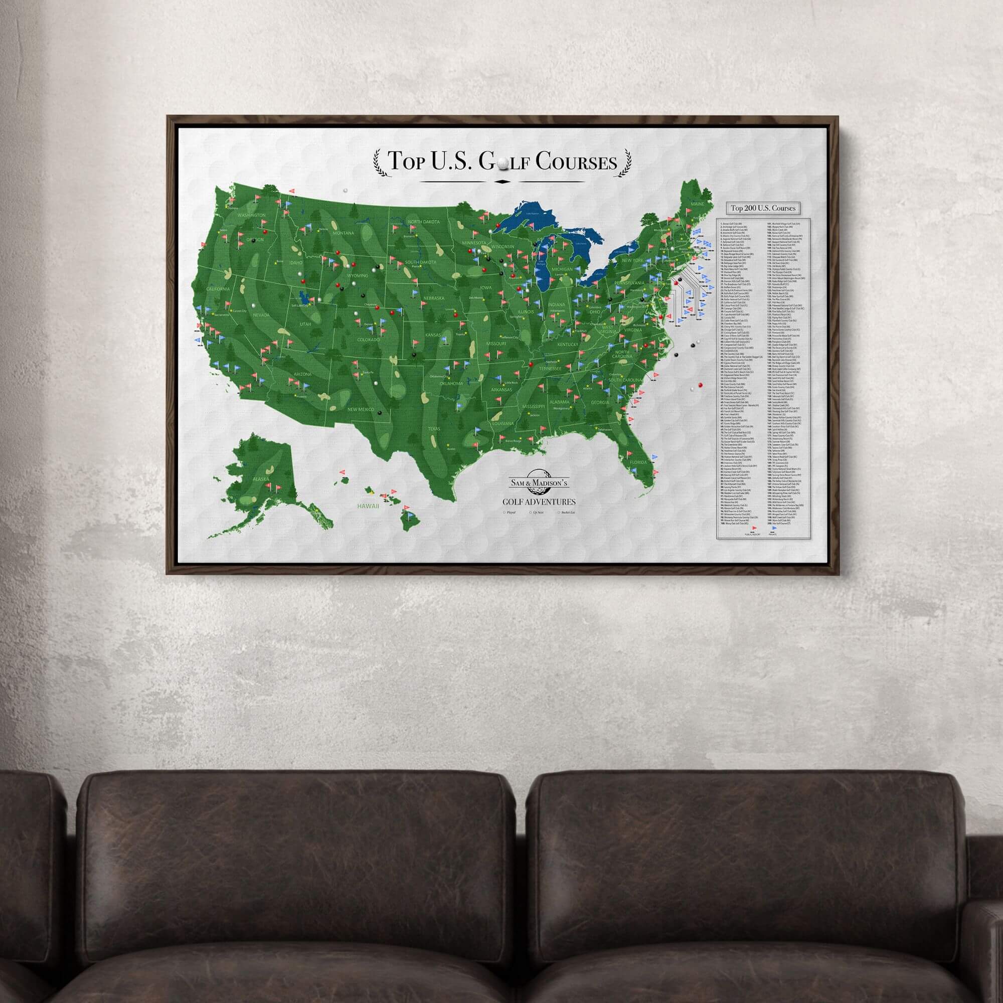 Framed canvas Top US Golf Courses travel map with pins hanging above leather sofa