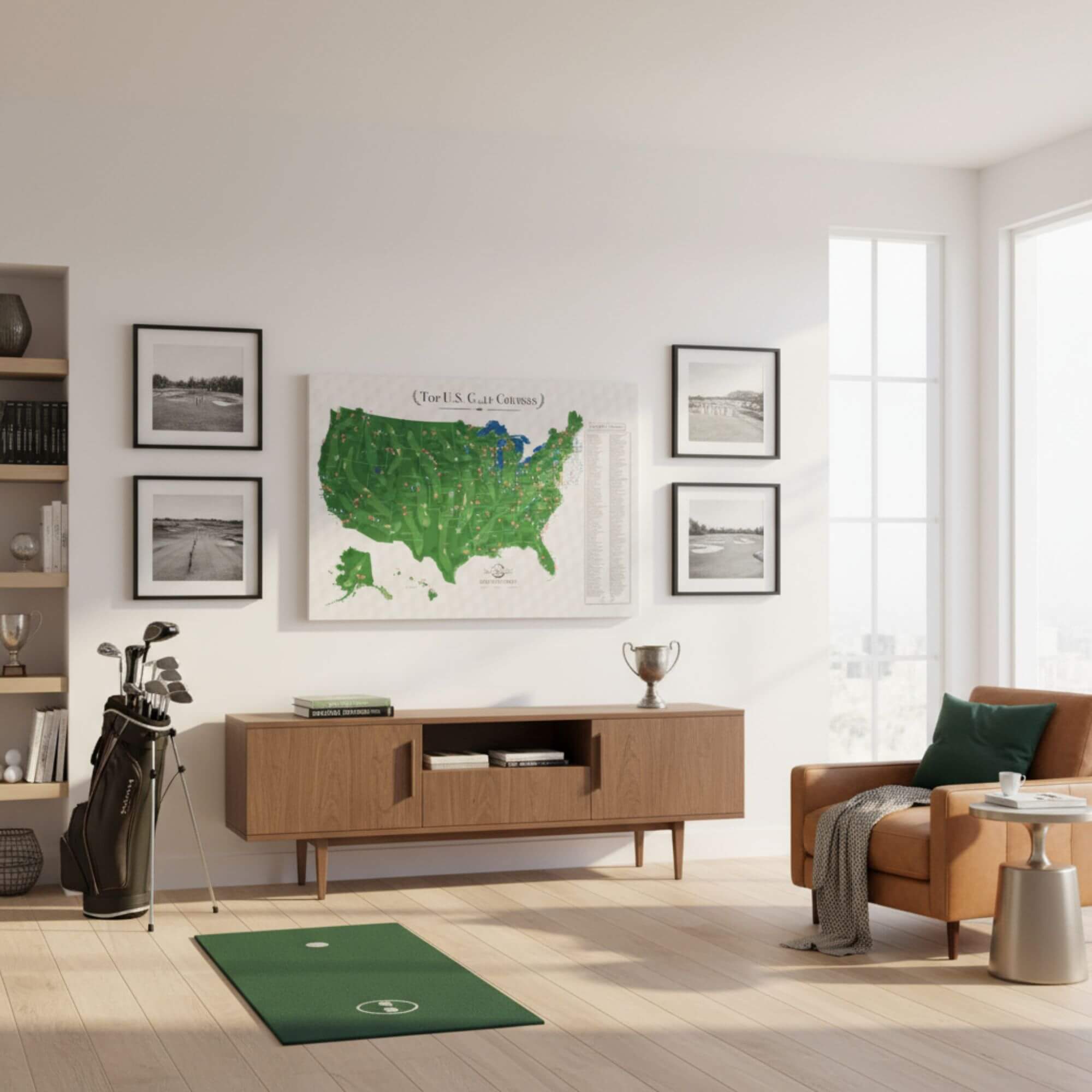 Gallery wrapped Top US Golf Courses canvas map displayed in modern golf-themed living room with clubs and putting mat