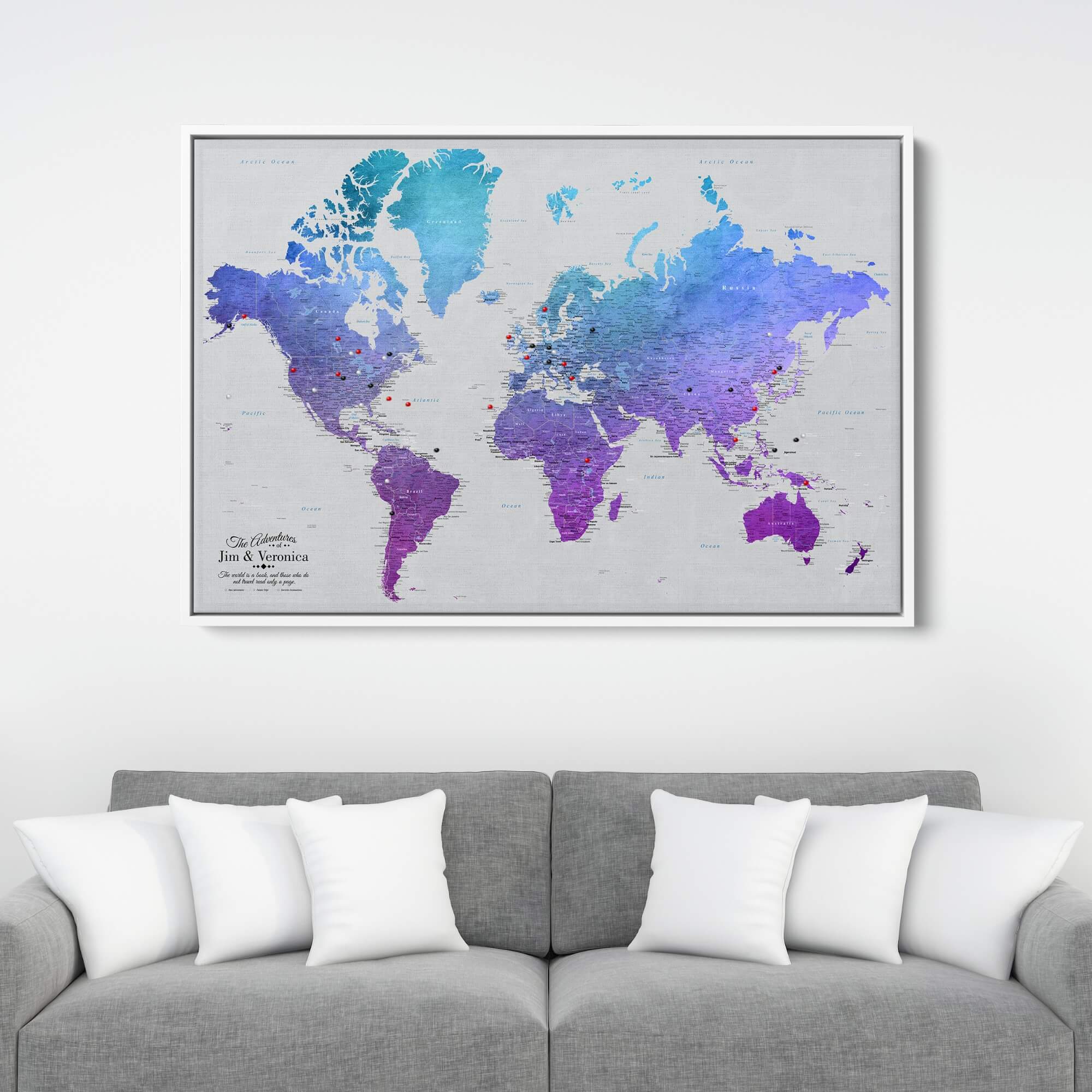 Canvas - Vibrant Violet Watercolor World Travel Map with pins